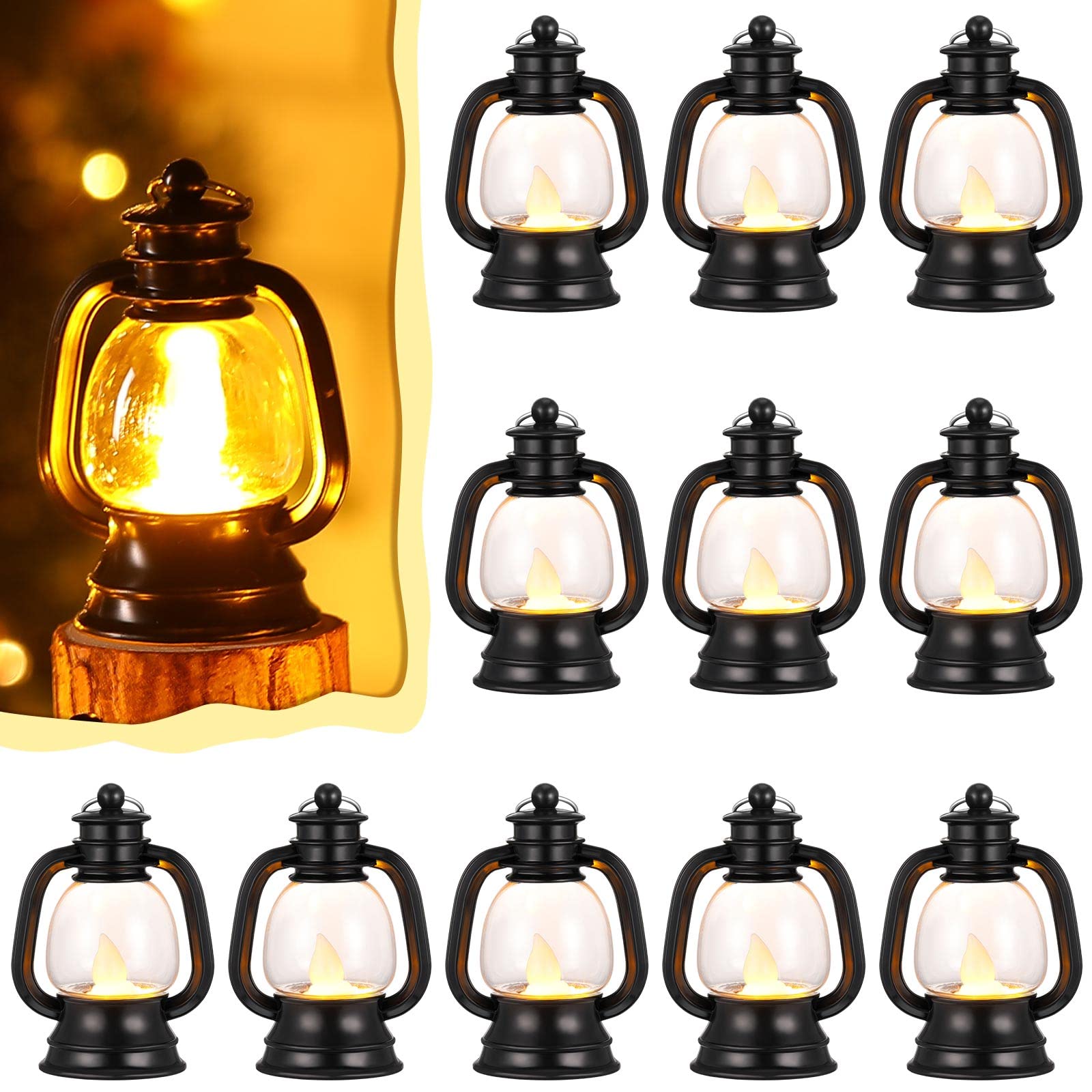 12 Pack Mini Western Lantern Decor - 4 Inch Black Vintage Hanging Table Centerpieces for Cowboy Wedding, Halloween, Christmas, Camping & Home Decor - Bulk Cowgirl Party Ornaments (12 Pcs)
