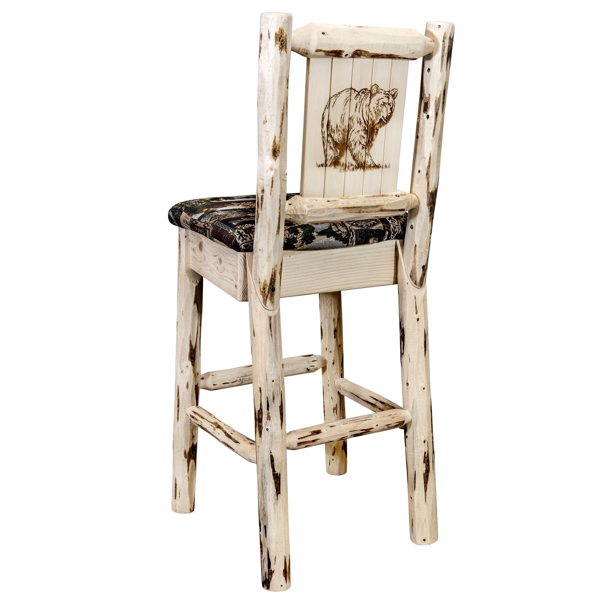 Montana Barstool - Rustic Woodland Upholstered Bar Stool with Laser Engraved Design & Clear Lacquer Finish - Perfect for Home Bars, Kitchen Islands, and Game Rooms