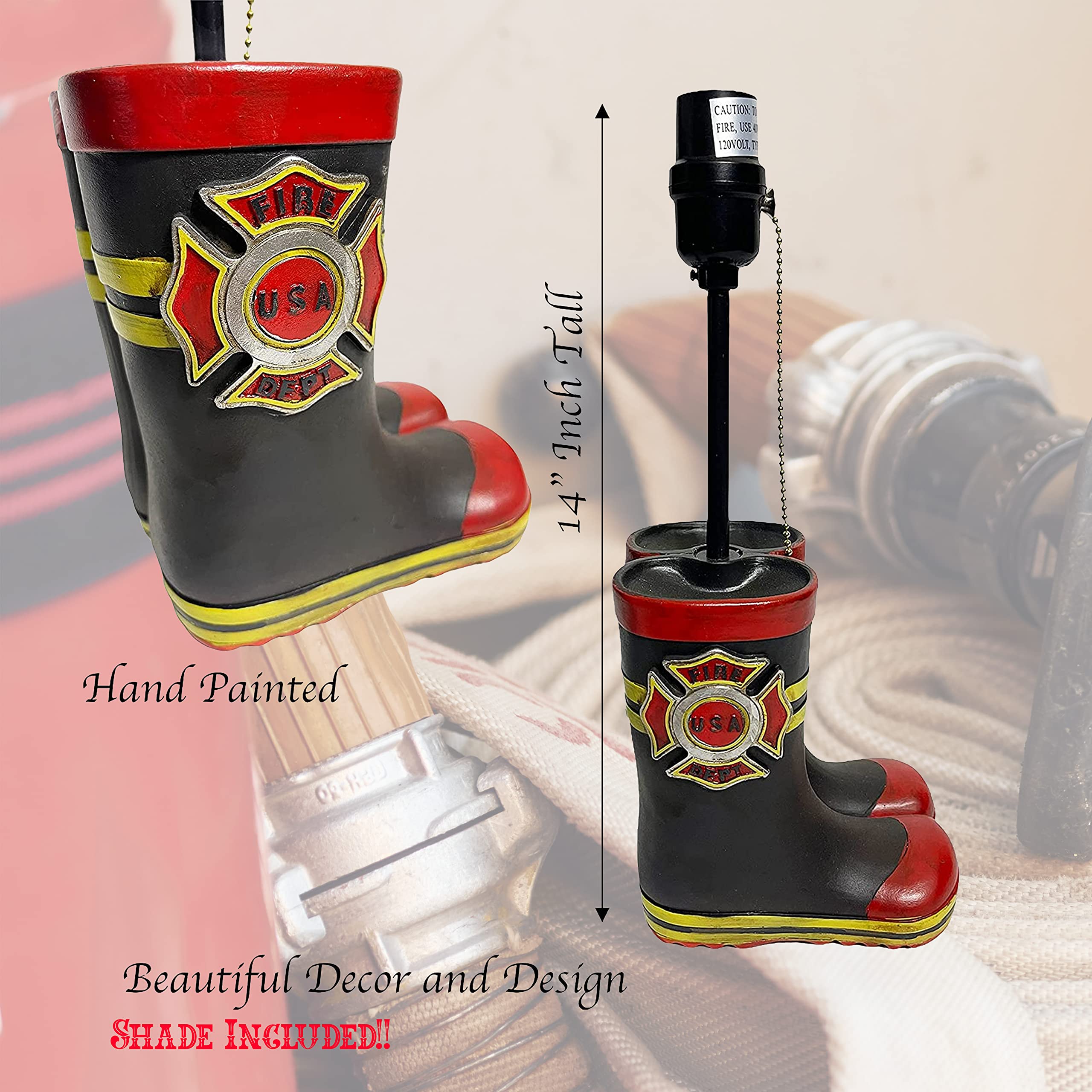 Urbalabs Western Fireman Fire Department Black & Yellow Fire Boot End Table Lamp - Nightstand & Living Room Decor, Bedroom & Office Lighting - Perfect for Cowboy, Firefighter Theme Rooms & Rustic Home Decor