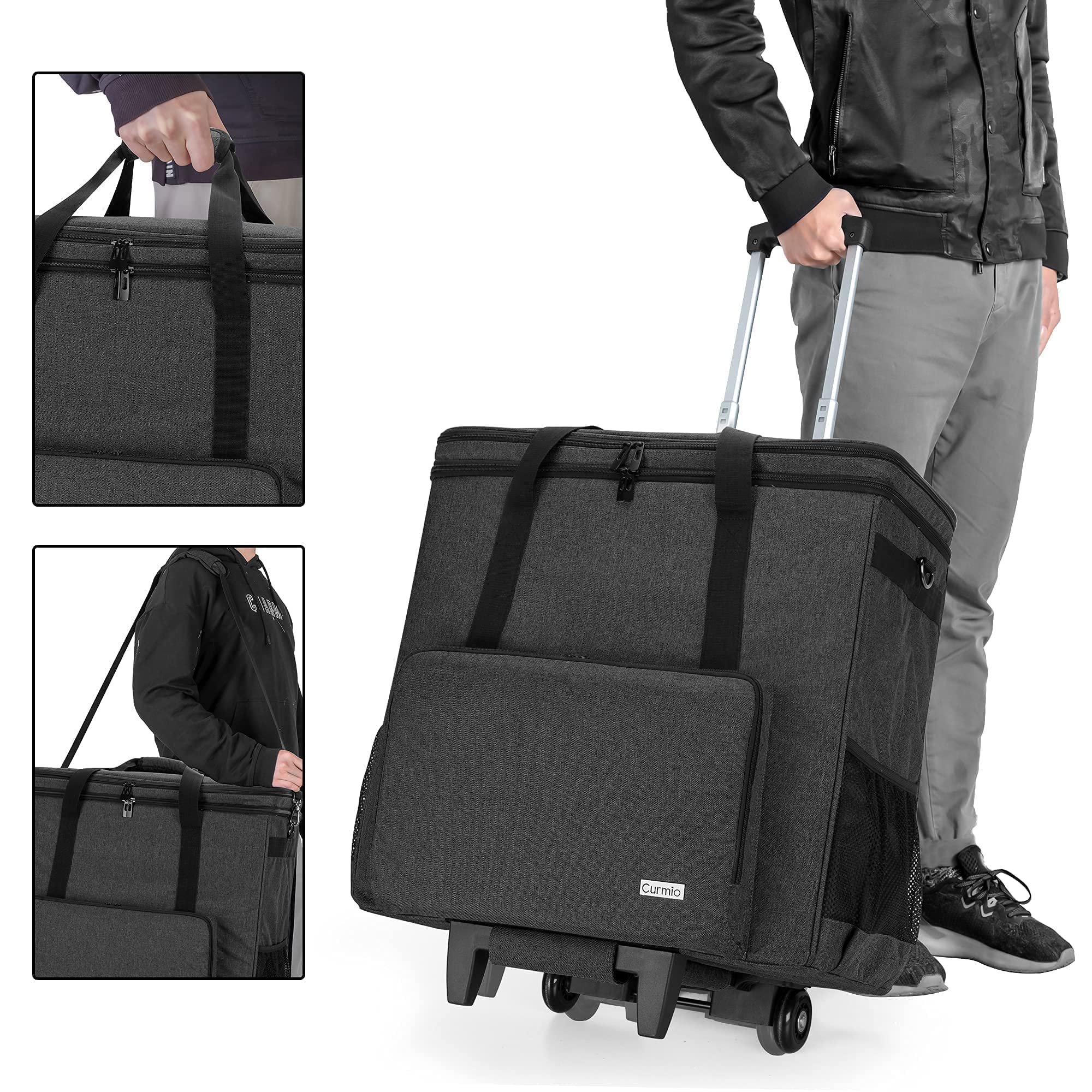 CURMIO Rolling Desktop Computer Travel Bag with Wheels - Double Layer PC Tower Carrying Case with Detachable Dolly for PC Chassis, Keyboard & Mouse - Patented Design for Office, Gaming & Business Travel