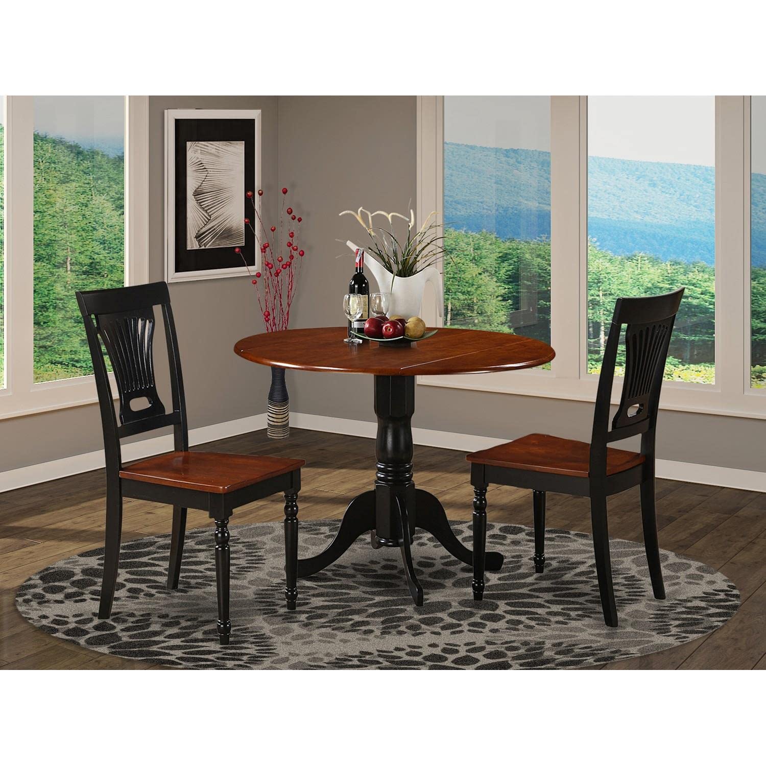 Modern 3-Piece Dining Table Set with Round Wooden Dropleaf Table & 2 Chairs - 42x42 Inch, Black & Cherry - Perfect for Small Spaces, Apartments, and Cozy Kitchens | East West Furniture DLPL3-BCH-W