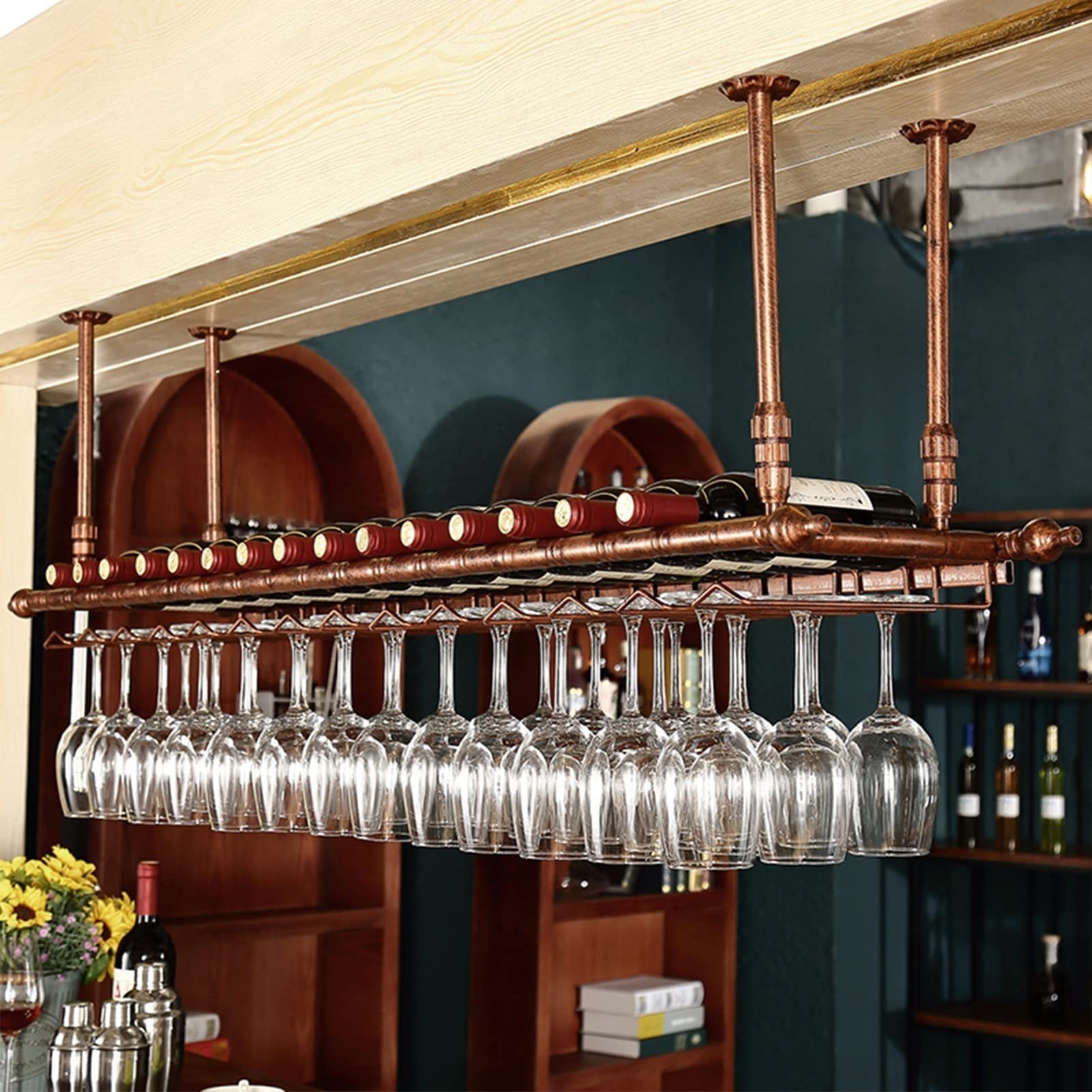 Premium Metal Wine Bottle Rack - Floating Wall & Ceiling Wine Shelf for Stemware Display - 60x35cm Kitchen & Bar Storage Organizer - Perfect for Home Decor, Wine Cellars & Entertaining Spaces