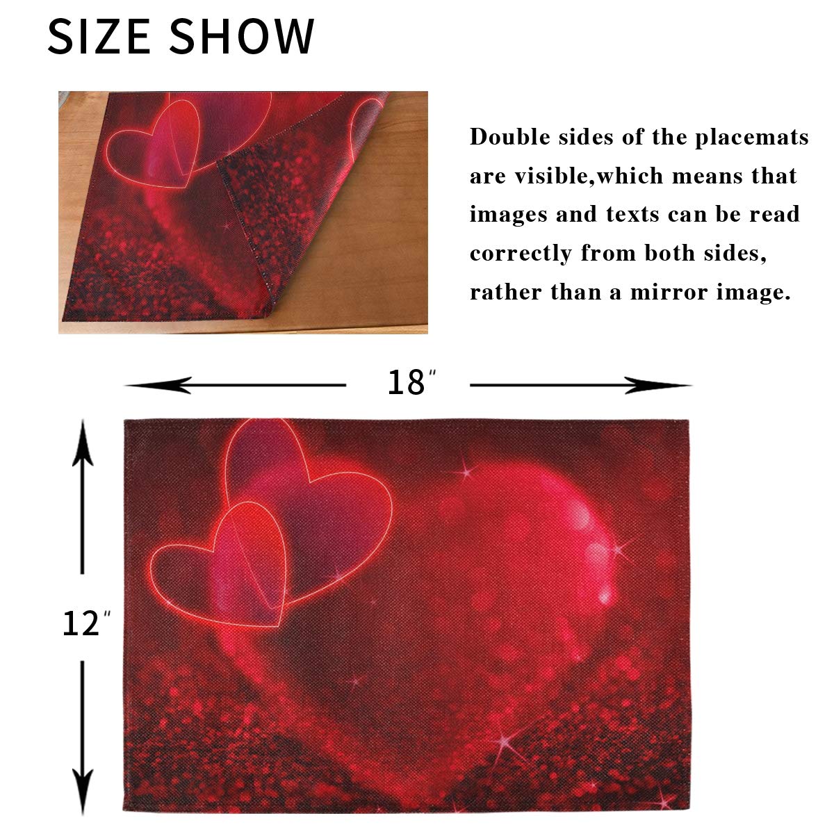 Bolaz Red Hearts Valentines Placemats Set of 4 - Washable Table Mats for Kitchen, Dining & Home Decor (12x18 Inches) - Perfect for Valentine's Day, Mother's Day & Romantic Dinners