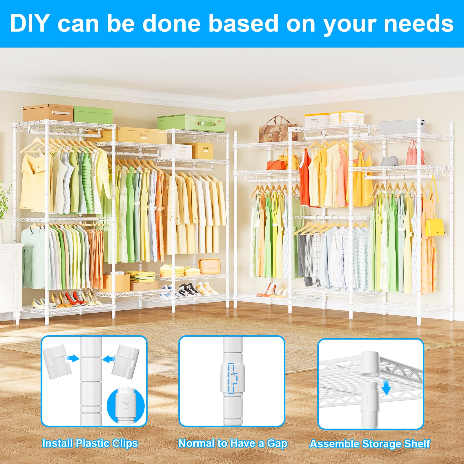 Heavy Duty Clothes Rack with 4 Hanger Rods & 8 Shelves - Adjustable Freestanding Garment Rack for Hanging Clothes, 63