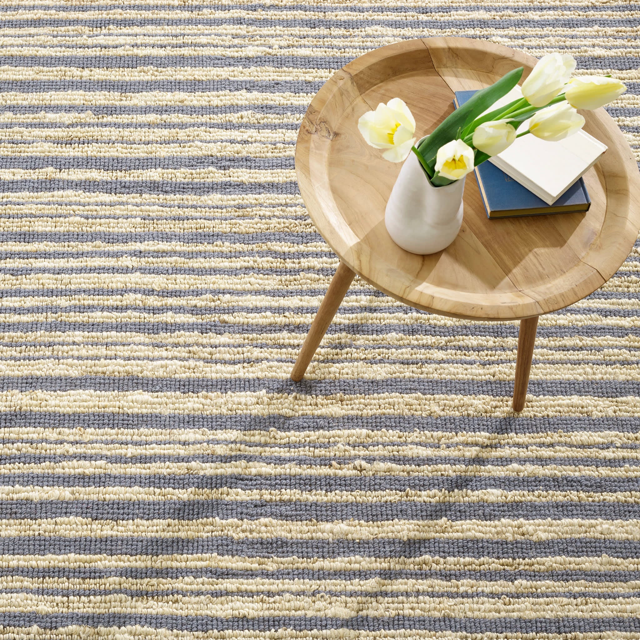 Handwoven Jute Rug with Calder Stripe Pattern in Pewter Blue - Boho Chic Natural Fiber Floor Mat for Living Room, Bedroom or Nursery Decor