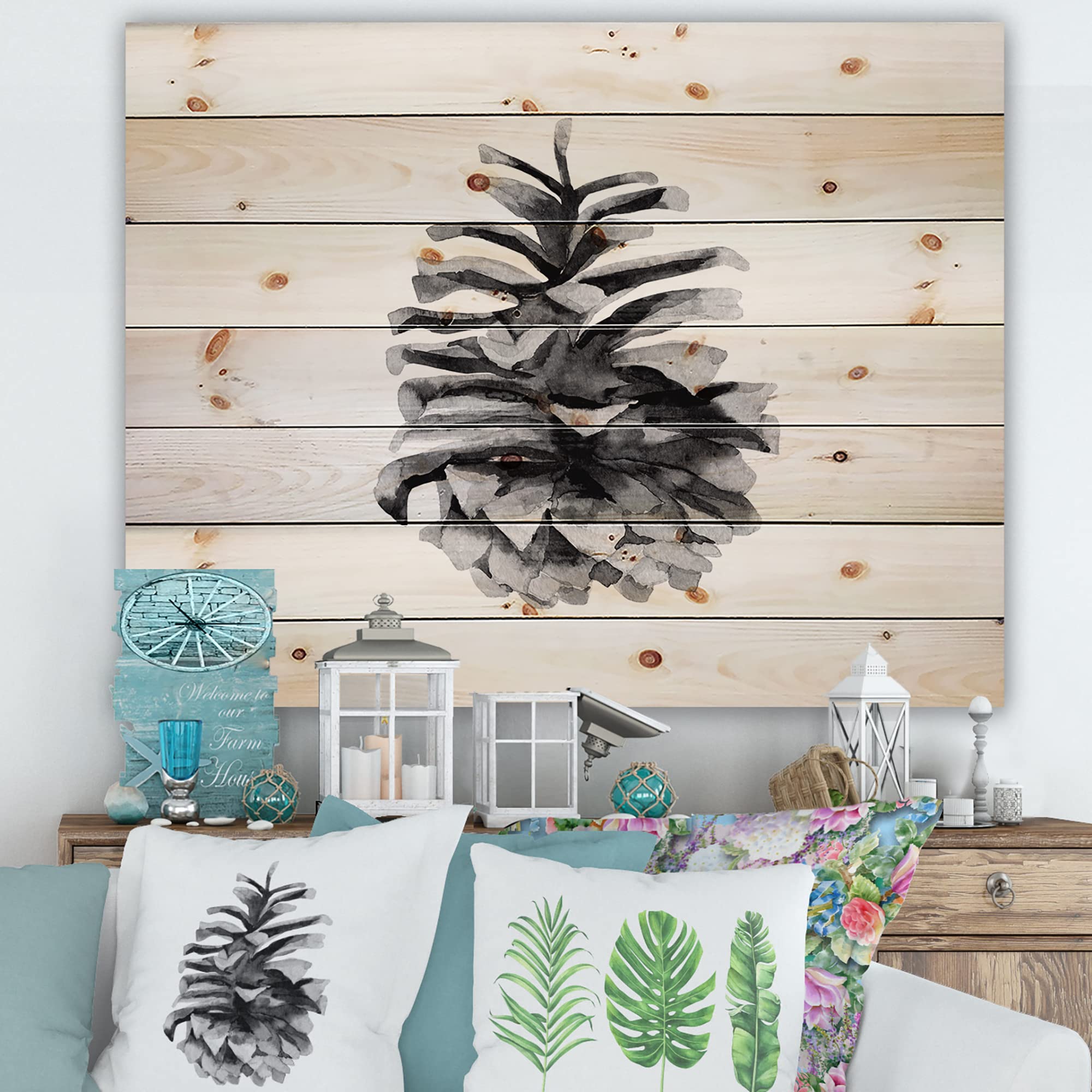 DesignQ Conifer Cone Monochrome Wood Wall Art - Black Traditional Wood Decor, Large Floral Pine Wood Panel for Living Room, Bedroom & Office Decoration