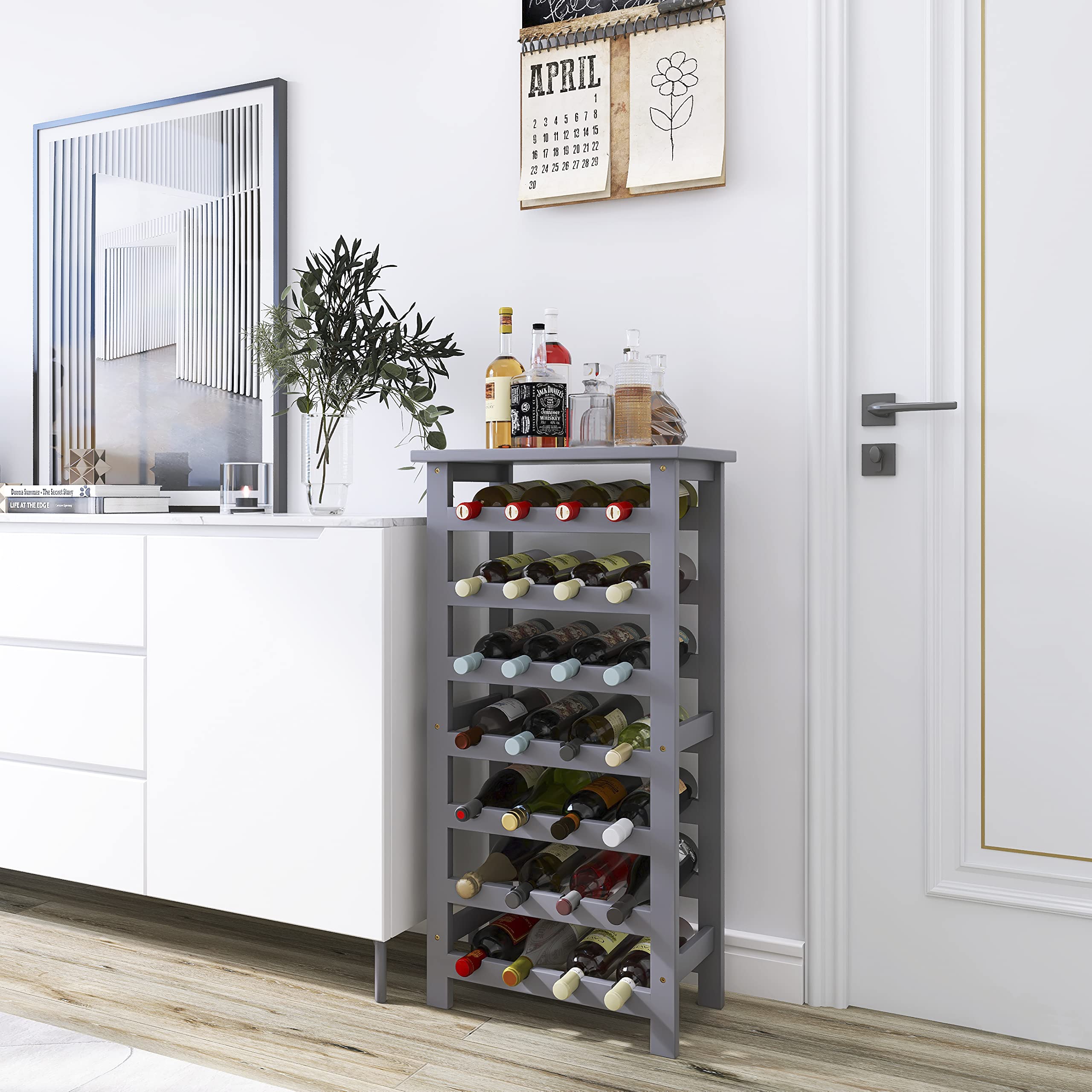 SMIBUY 28 Bottle Bamboo Wine Rack - 7-Tier Free Standing Storage Shelf with Table Top for Kitchen, Pantry, Cellar & Bar - Grey | Perfect for Wine Display, Home Decor & Entertaining Guests