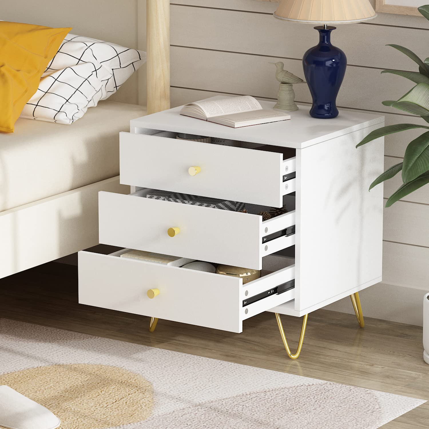 Homsee Set of 2 Modern Nightstands with 3 Drawers, Metal Legs & Storage - White Bedside Table for Bedroom, Living Room, Office (19.6”L x 15.7”W x 21.6”H) - Perfect for Small Spaces, Apartment Furniture & Home Organization