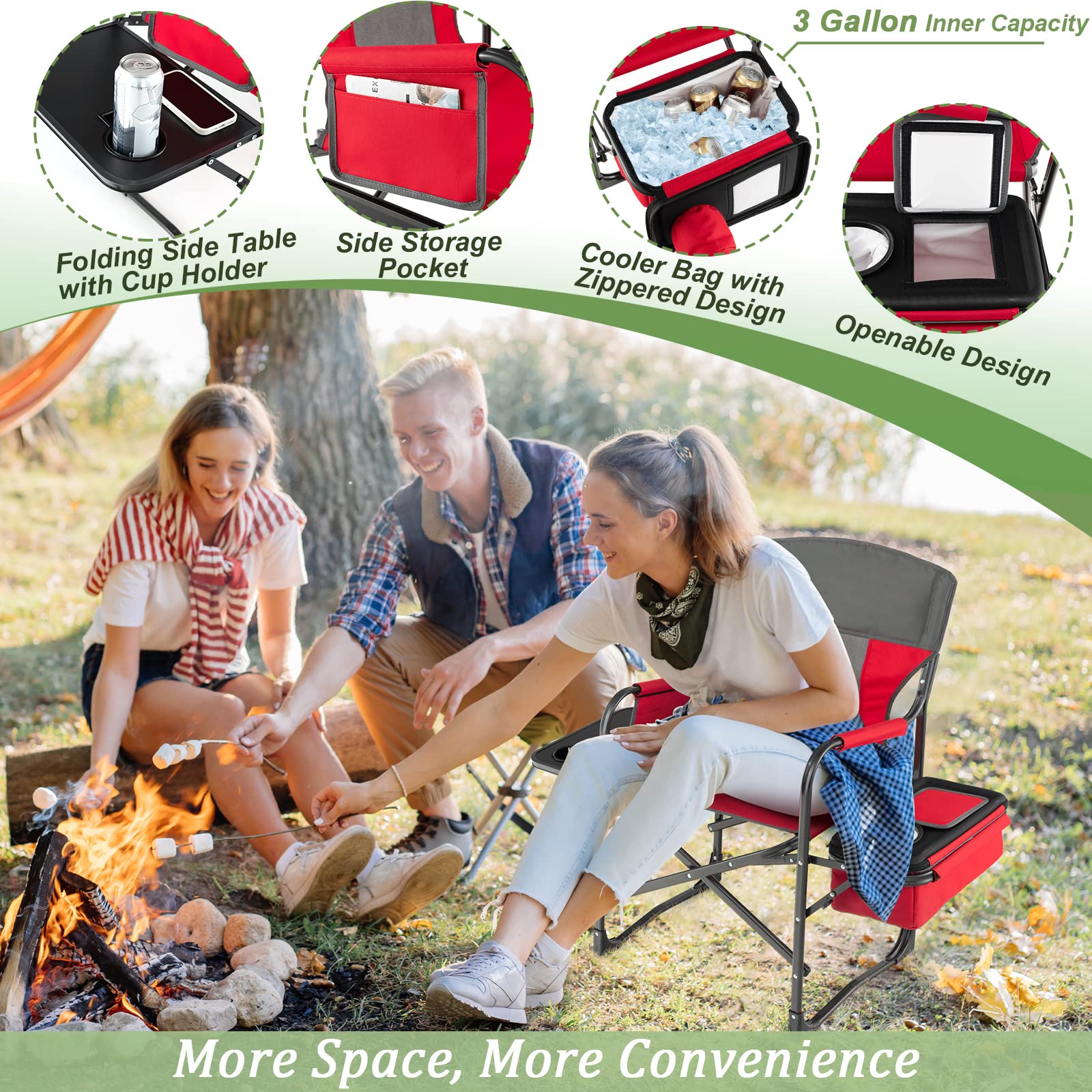 Giantex Heavy Duty Folding Camping Chair with Side Table & Cooler Bag - Portable Director's Chair with Storage Pocket, Shoulder Strap & Handle - 400 lbs Weight Capacity - Perfect for Outdoor Camping, Fishing, Picnics, Makeup Artists & Photographers (Red)