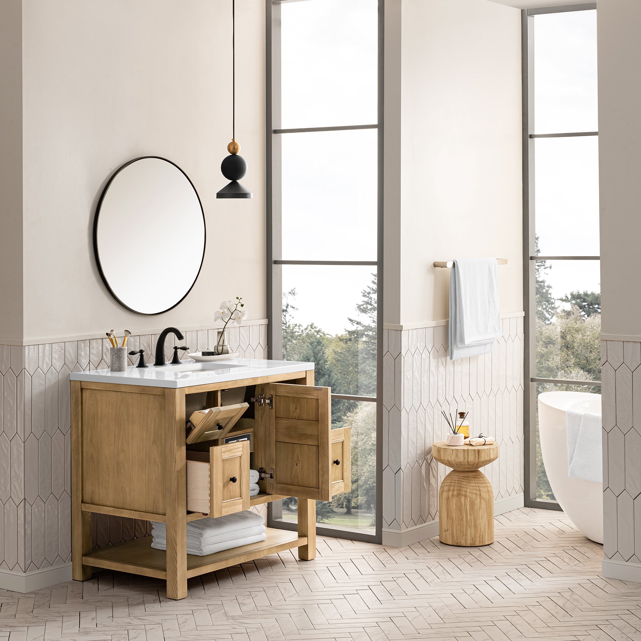 Breckenridge 36 Inch Single Bathroom Vanity in Light Natural Oak with 3CM White Zeus Countertop - Perfect for Modern Master Bathrooms and Powder Rooms