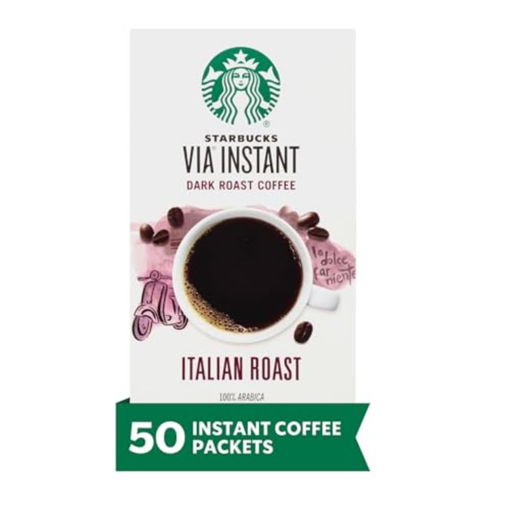Starbucks VIA Instant Dark Roast Italian Coffee - 100% Arabica, 50 Single-Serve Packets | Perfect for Office, Travel & Camping