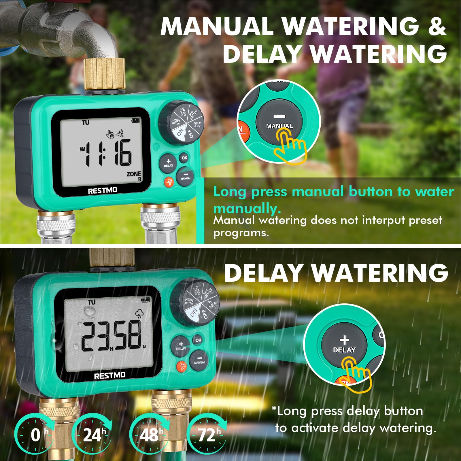 RESTMO Sprinkler Timer with Brass Inlet & Outlet - 2 Zone Programmable Garden Hose Water Timer with 3 Separate Programs | Manual/Rain Delay/Automatic Watering for Drip Irrigation, Lawn & Outdoor Plants | Perfect for Backyard, Garden & Landscape Watering Systems