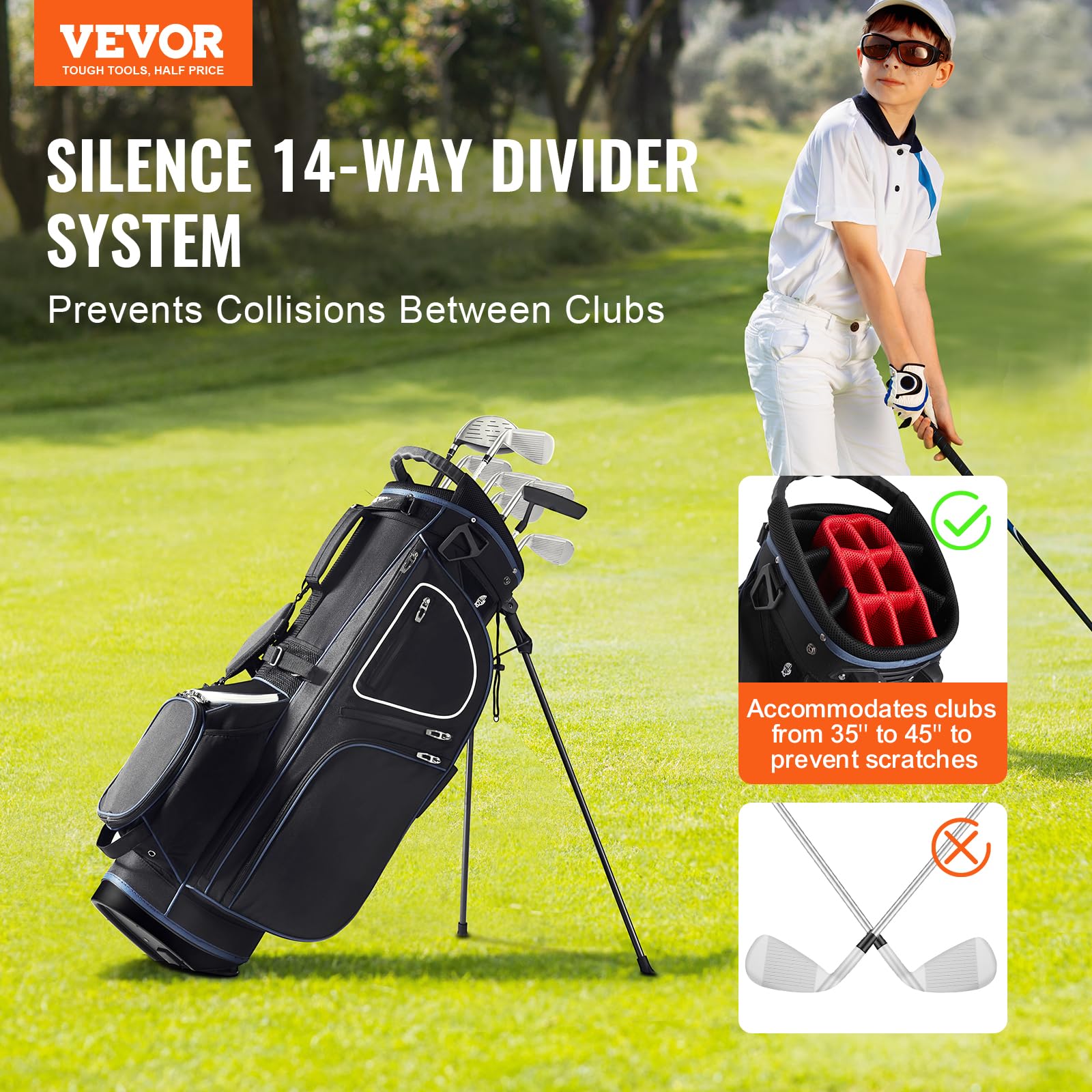 VEVOR Premium 14-Way Golf Cart Bag with Stand - Durable Golf Bag with Organizer Divider Top, Handles, Dust Cover & Detachable Dual Strap for Men & Women - Perfect for Club Storage & Course Transportation