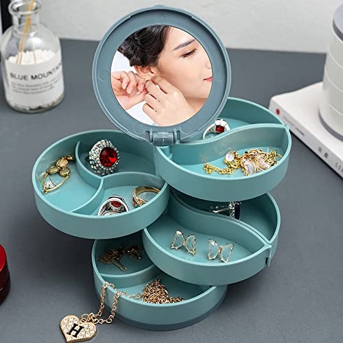 Multilayer Rotating Jewelry Storage Box with Mirror - Earrings, Rings & Cosmetics Organizer for Women | Portable Plastic Jewelry Stand for Travel, Home & Vanity (Pink)