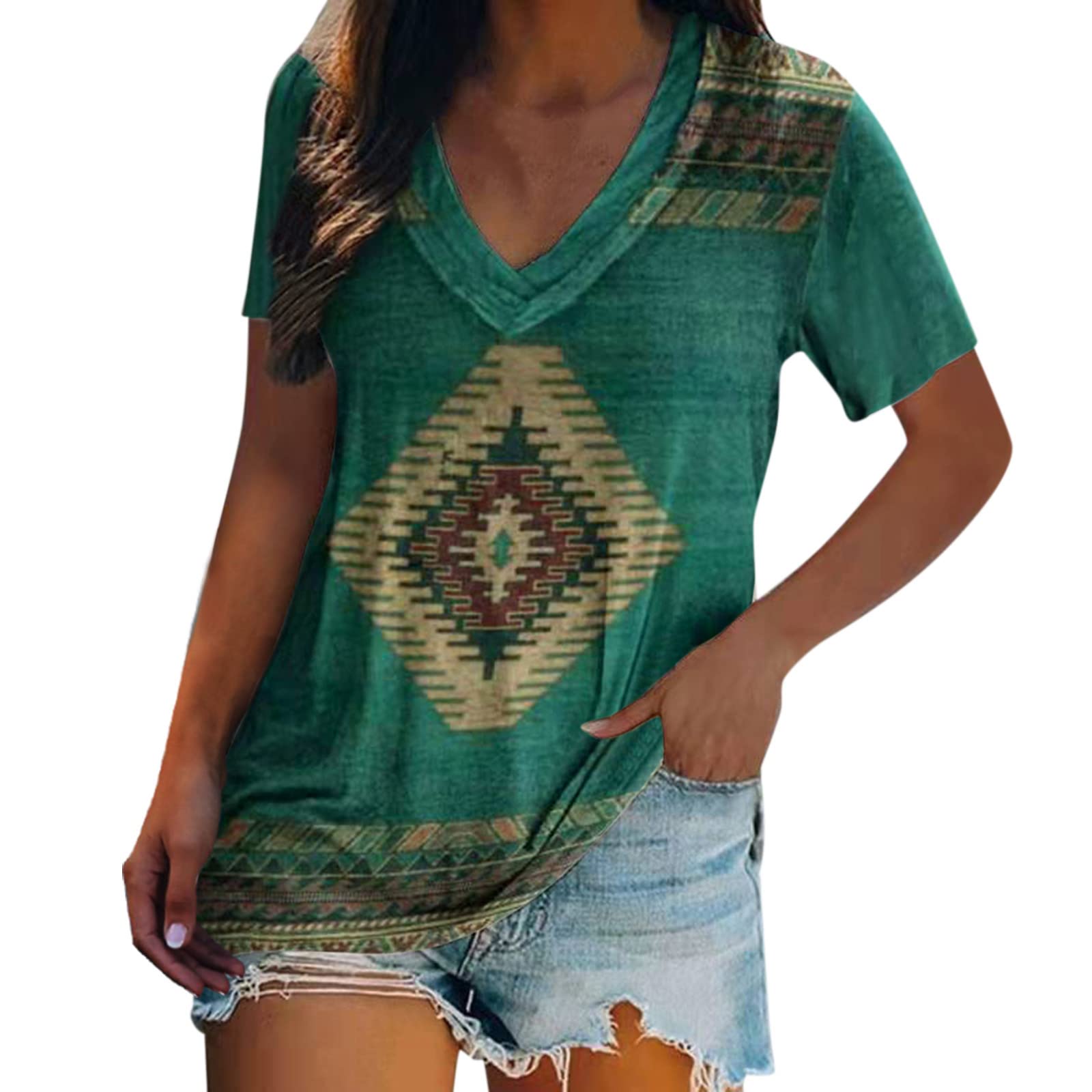 Women's Short Sleeve Graphic Tee - V Neck Printed Blouse, Casual Fitted Summer Tops for Everyday Wear | MOKINGTOP