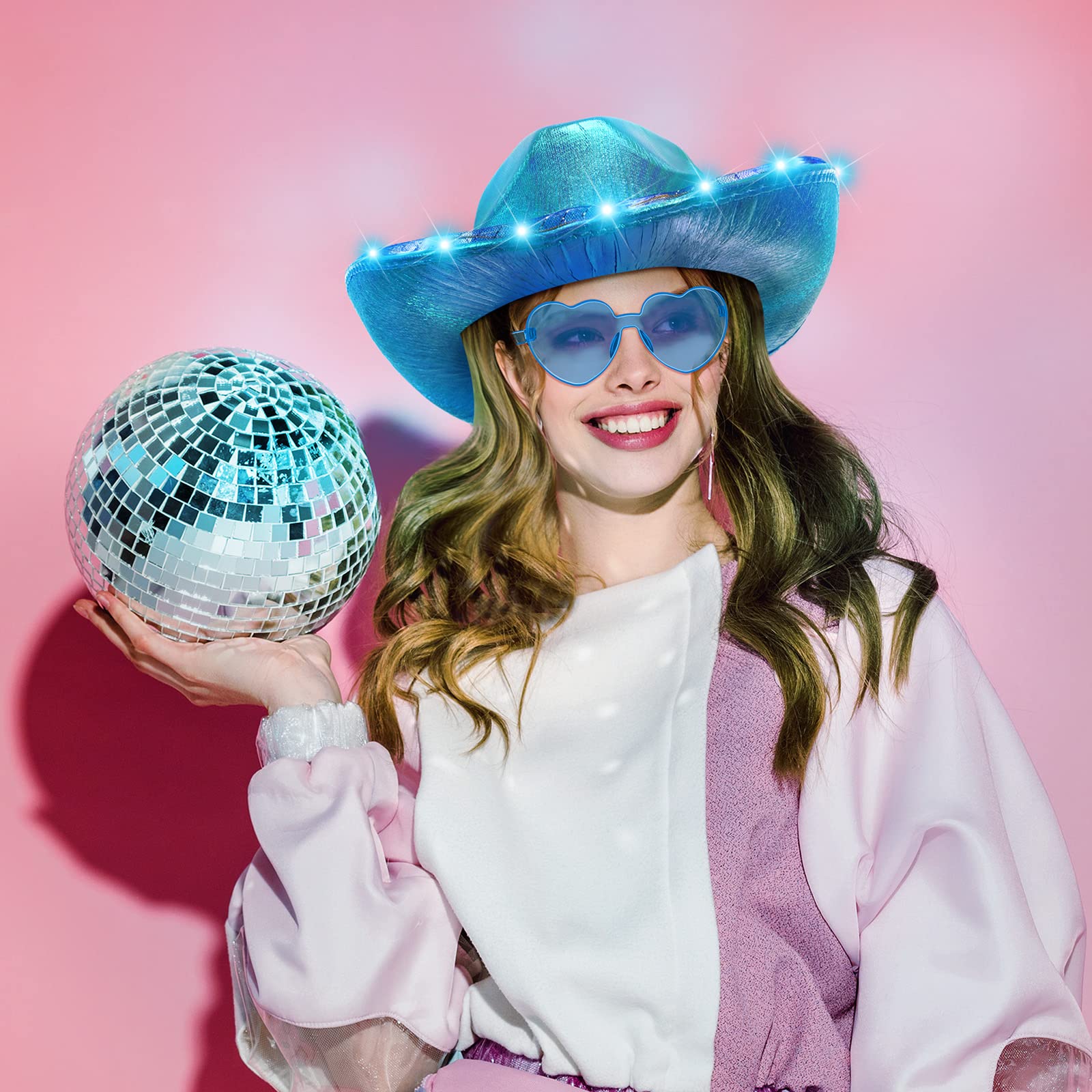 Zhanmai 8-Piece Cowgirl Costume Set - LED Light Up Cowboy Hat & Heart Sunglasses for Women & Girls - Sparkly Western Party Accessories for Halloween, Rodeo, Music Festivals & Themed Events