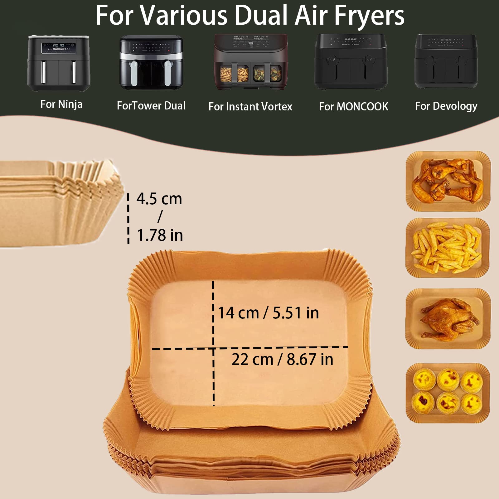 Premium Air Fryer Liners 100PCS - 8.6 x 5.5 Inch Non-Stick Parchment Paper Sheets for Tower AF300UK, AF400UK & Dual Zone Air Fryers - Reusable, Oil-Resistant Baking Accessories for Healthy Cooking & Easy Cleanup