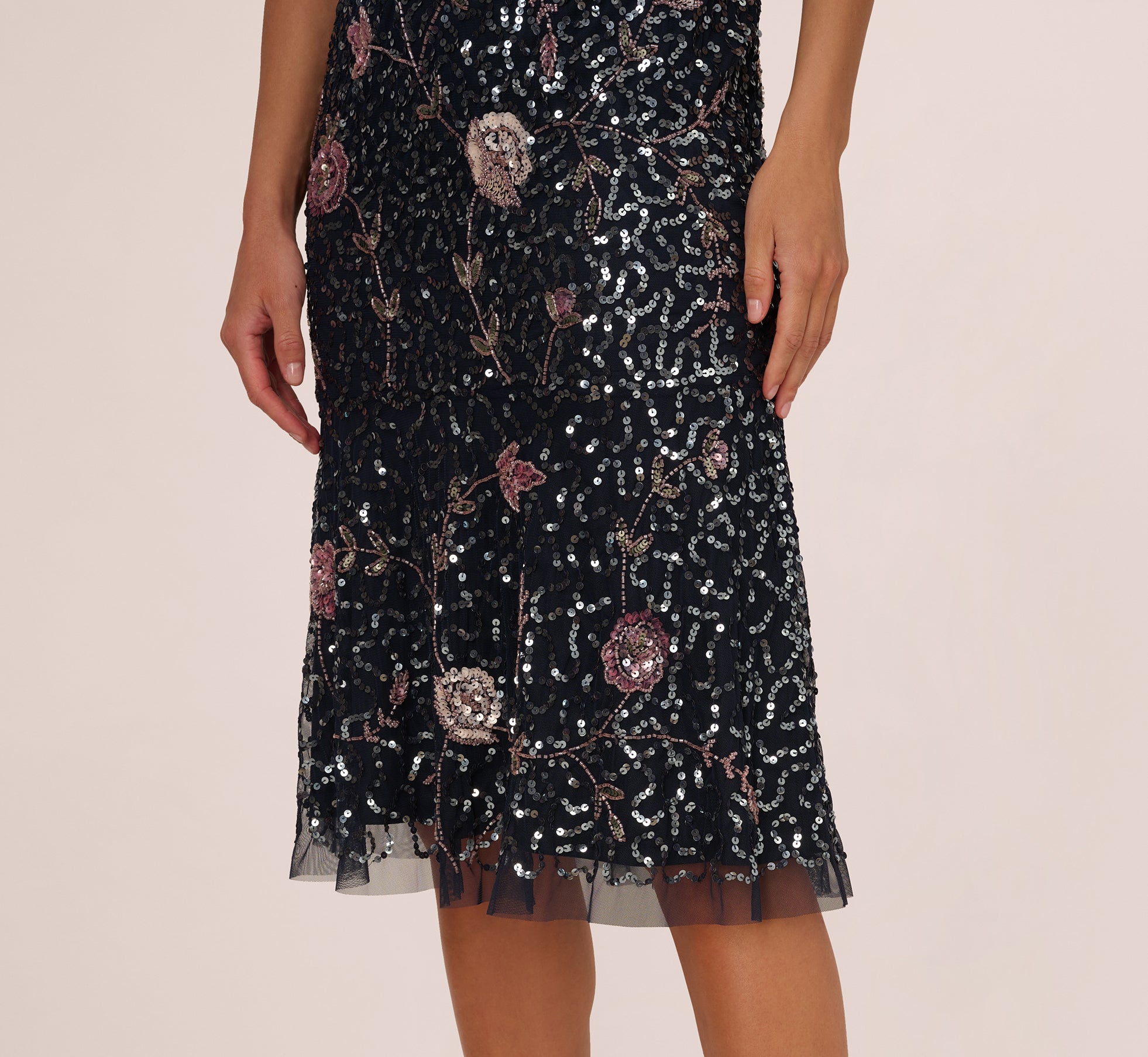 Sequin Floral Beaded Midi Dress - Navy Pink Multi Color Sleeveless Party Cocktail Dress for Women | Perfect for Evening Events, Weddings & Special Occasions