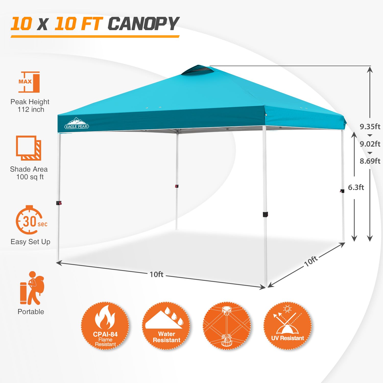 EAGLE PEAK 10x10 ft Pop Up Canopy Tent with Wheeled Carry Bag - Portable Instant Shelter for Outdoor Events, Beach, Camping & Backyard Parties - Includes 8 Stakes, 4 Ropes & 4 Weight Bags - Easy Setup 100sqft Shade in Turquoise