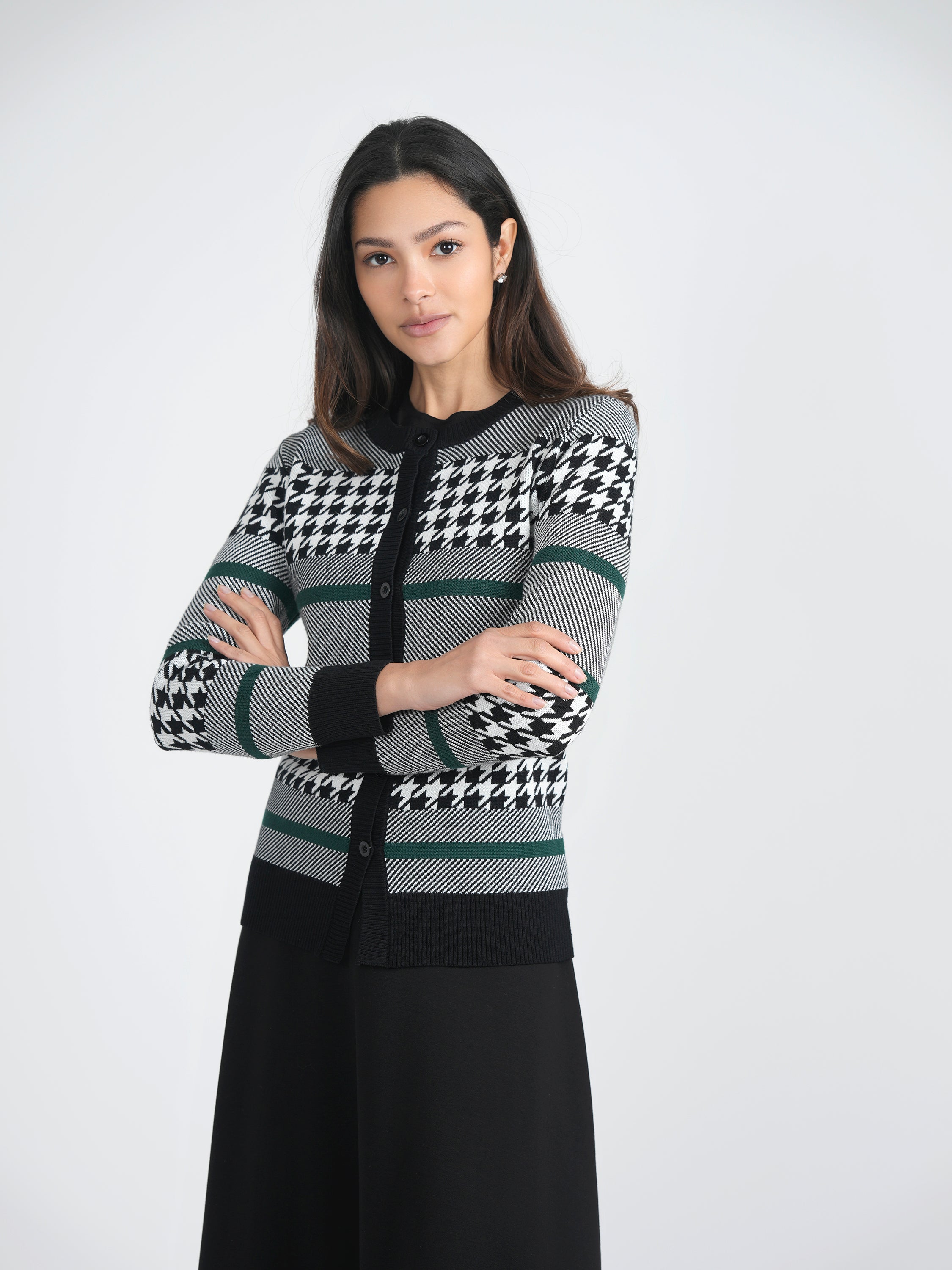 Houndstooth Knit Cardigan for Women - Stylish Open Front Long Sleeve Sweater - Perfect for Office, Date Night & Fall Layering