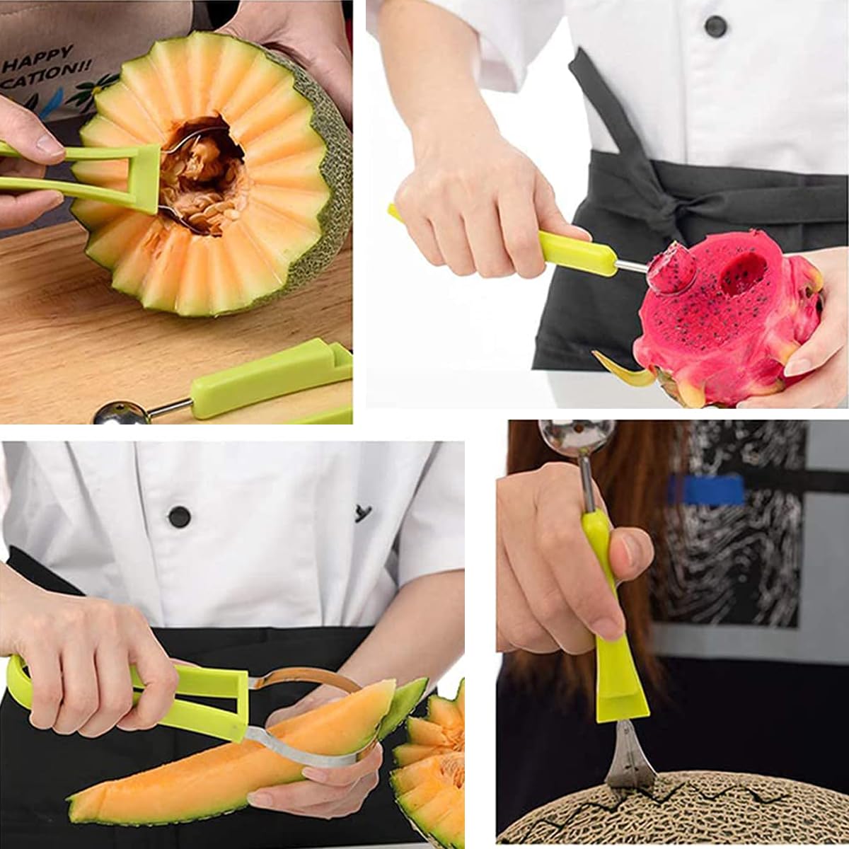 4-in-1 Multifunctional Melon Baller Scoop Set - Fruit Carving Tools, Cookie Scoop, Watermelon Cutter Knife & Peeler - Perfect for Fruit Salad, Dessert Garnishing & Party Food Prep