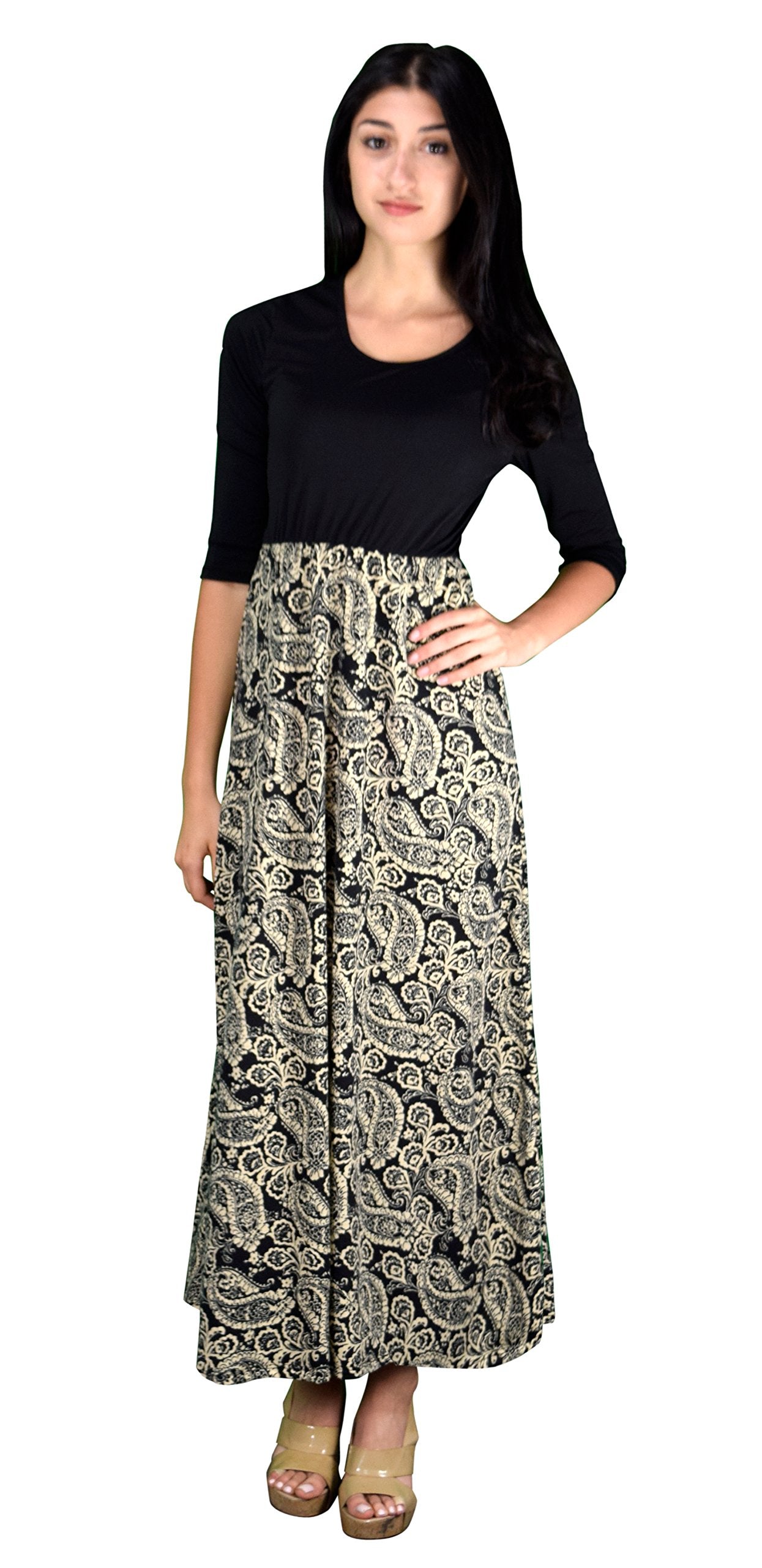Two Tone Black Kaleidoscope Paisley Maxi Dress for Women - Elegant Flowy Long Dress for Summer, Beach, Party & Special Occasions