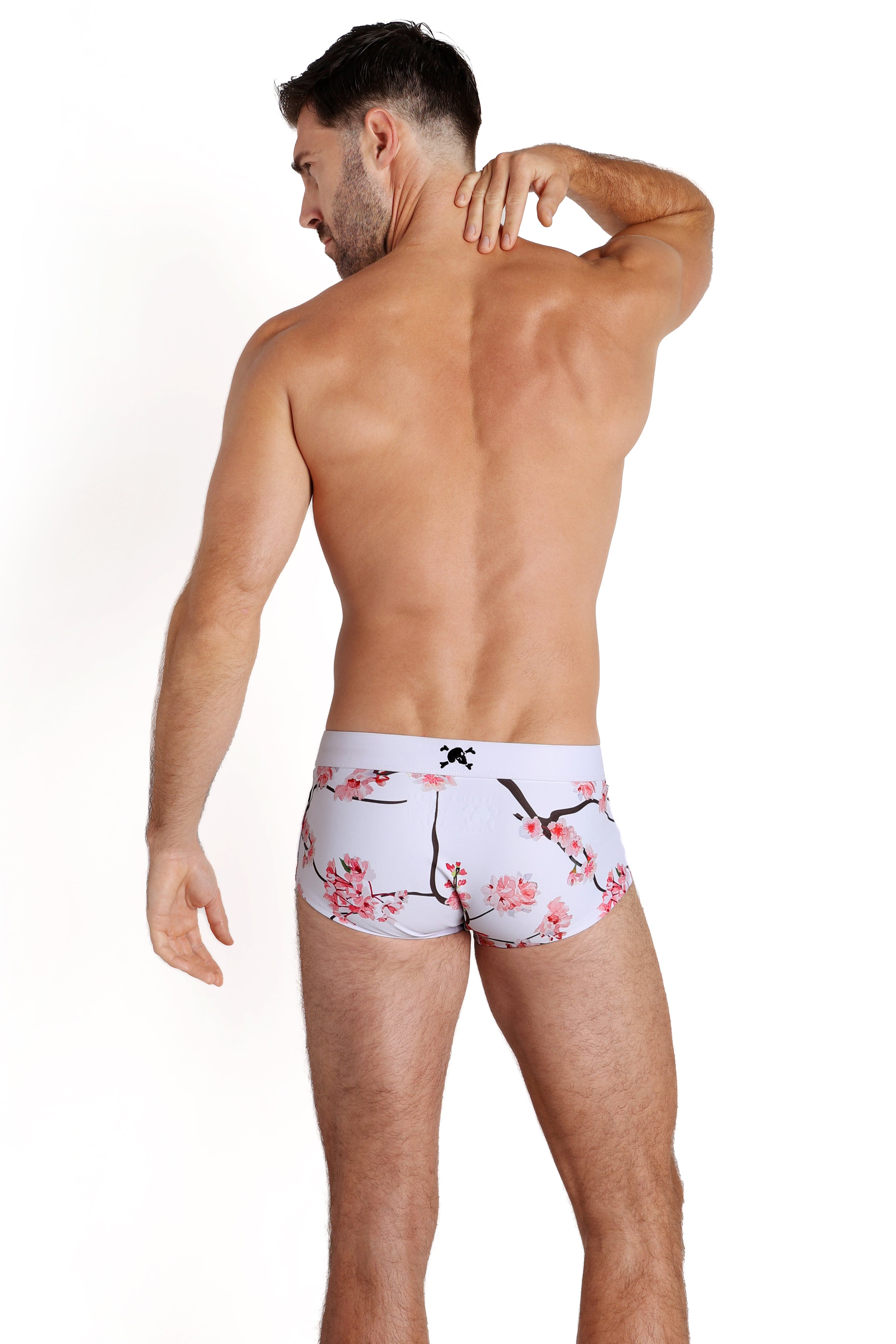 **Men's Cherry Blossom Print White Swim Trunks - Quick Dry Beach Shorts for Swimming, Surfing & Summer Vacations**