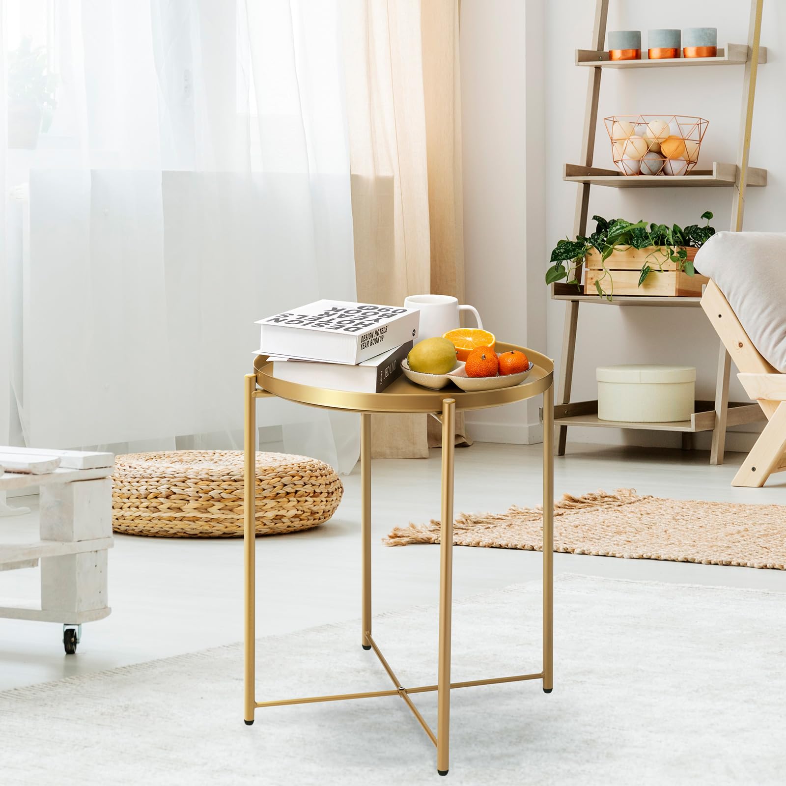 Gold Side Table - Round Metal End Table for Small Spaces, Outdoor & Indoor Accent Table with Removable Tray | Waterproof Patio Coffee Table for Living Room, Bedroom, Balcony, Office & Garden Decor (Gold)