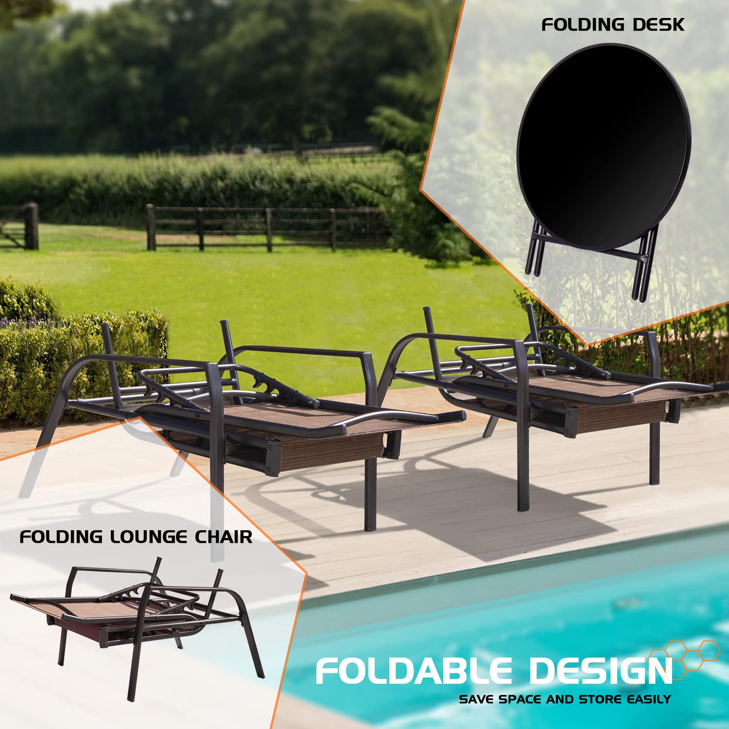 Flamaker 3-Piece Adjustable Patio Chaise Lounge Set with Textiline Cushions & Glass Top Bistro Table - Foldable Metal Reclining Chairs for Outdoor Relaxation - Perfect for Beach, Poolside, Backyard, Porch & Garden (Beige)