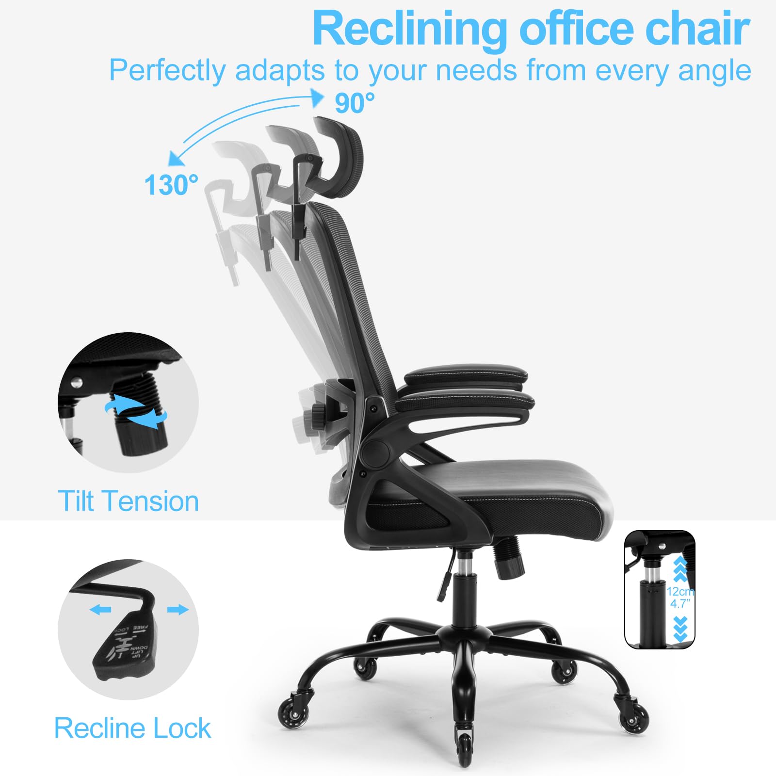 Ergonomic Office Chair with Adjustable Lumbar Support - High Back Mesh Desk Chair with Blade Wheels for Home Office - Perfect for Long Hours of Comfortable Work and Video Conferencing
