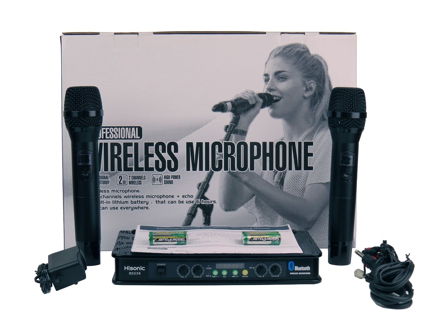 Hisonic HS236 Bluetooth VHF Handheld Wireless Microphone System - Portable Rechargeable Mic with 2 Handheld Mics for Karaoke, Live Performances & Public Speaking