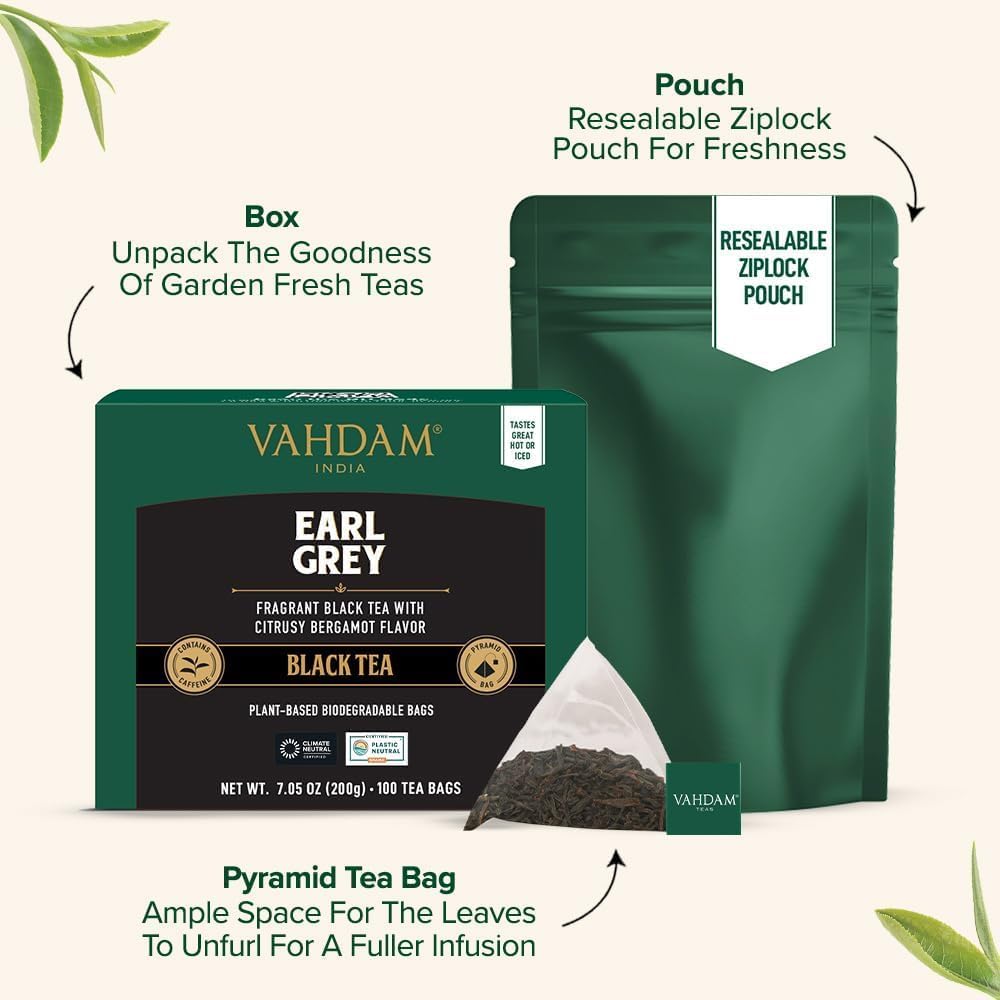 VAHDAM Earl Grey Black Tea Bags (100 Count) - Medium Caffeine, Non-GMO, Gluten Free, Citrus Bergamot Flavor | Resealable Ziplock Pouch for Freshness | Perfect for Office, Home & Gifts | Plant-Based Tea Bags