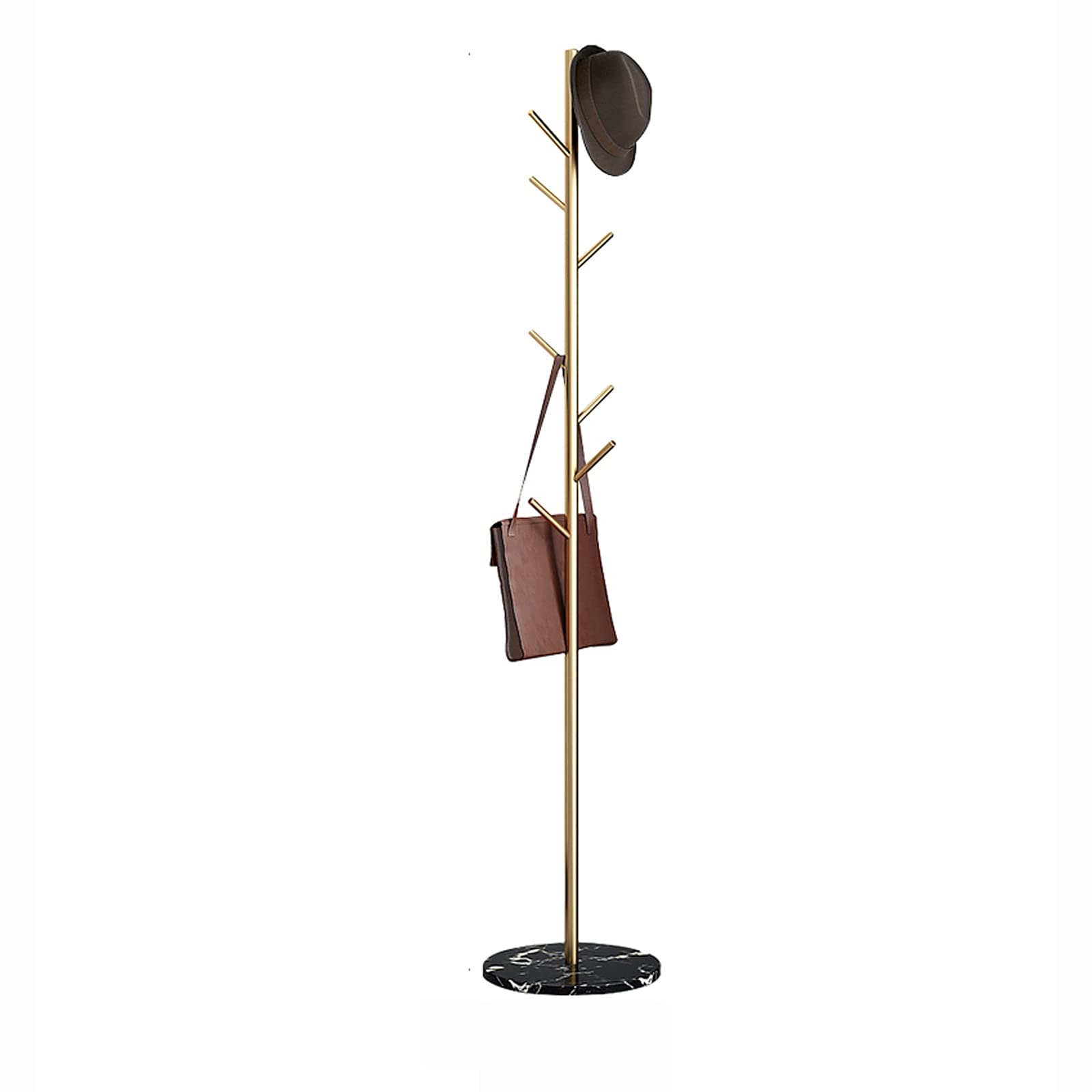 Iron Standing Coat Rack with 8 Hooks - Free Standing Coat Tree for Hats, Clothes, Purses & Umbrellas | Gold Entryway Organizer for Bedroom, Hallway & Living Room | Space-Saving Closet Storage Solution