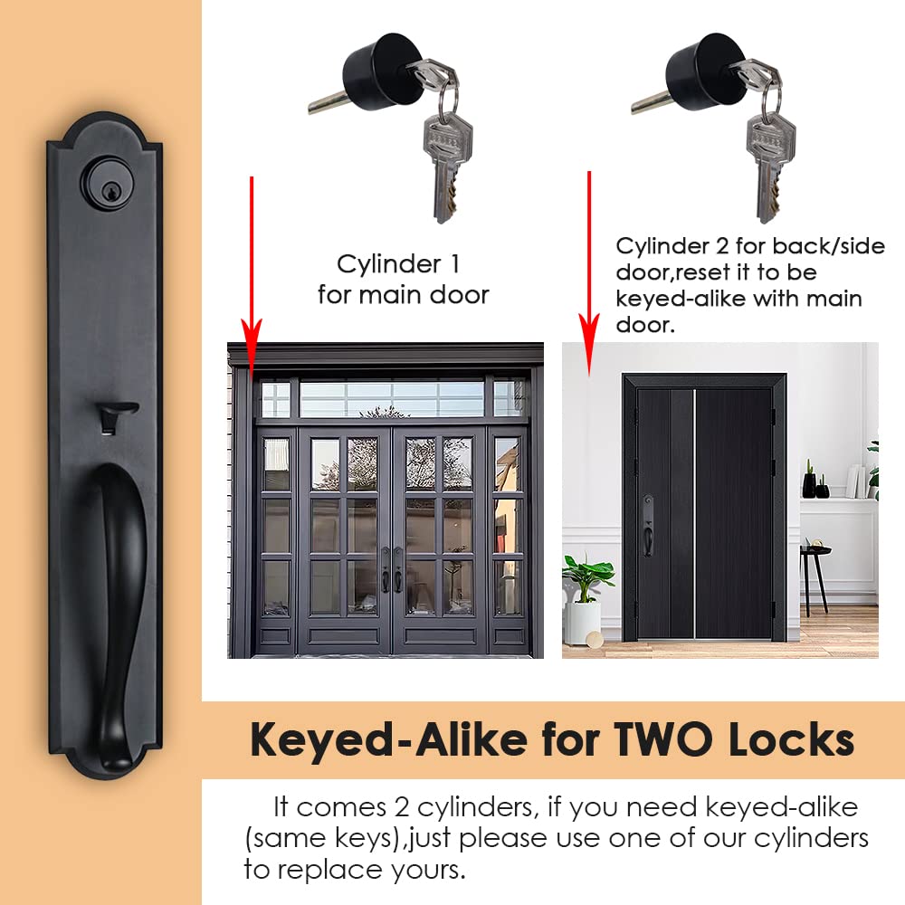Matte Black Double Door Handle Set with Lever - Keyed & Dummy Entry Door Hardware (ZSCY-MDHST2018DB-SET) - Perfect for Modern Homes, Offices & Commercial Buildings