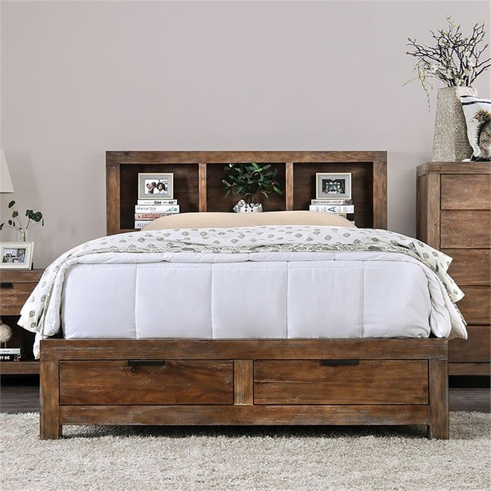 Furniture of America Russ Rustic Solid Oak Wood California King Storage Bed Frame - Spacious Underbed Storage for Master Bedroom & Guest Room Organization