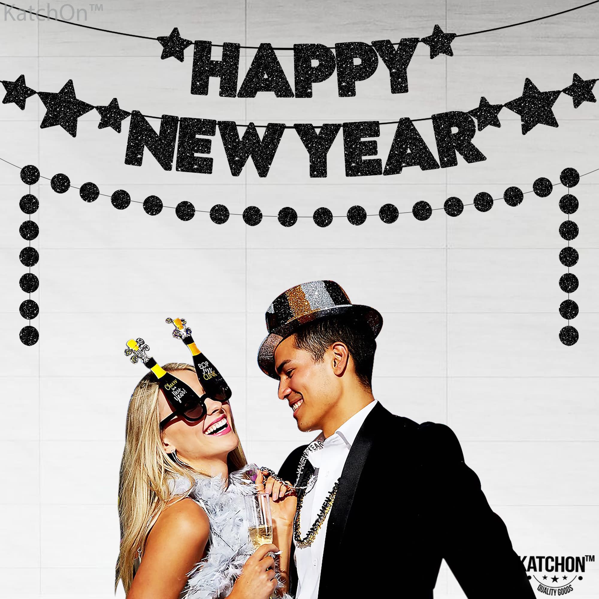 KatchOn 10ft Glitter Happy New Year Banner 2025 - Pre-Strung Black NYE Party Decor | New Year's Eve Sign, Garland & Celebration Supplies for Home, Office & Event Decorations