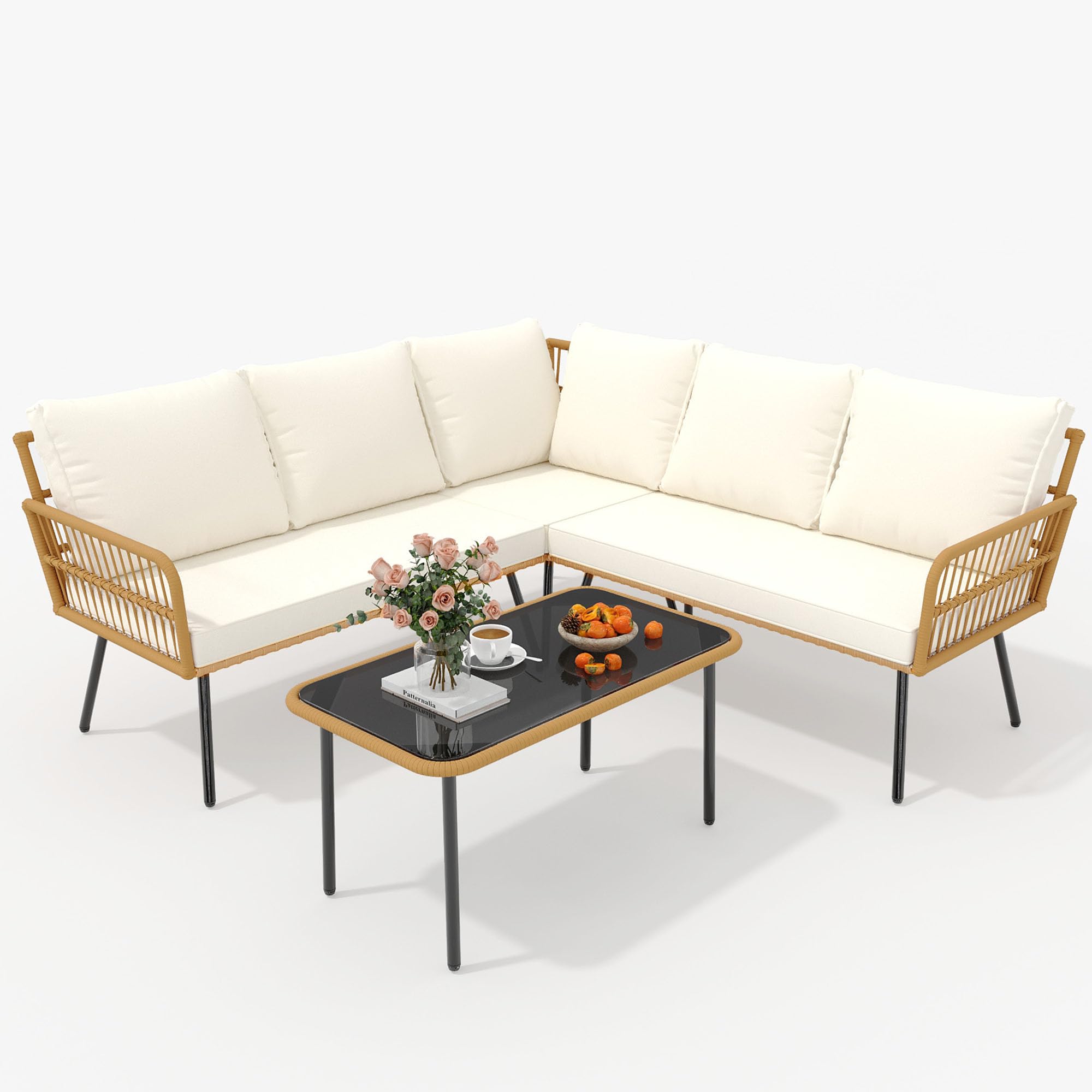 GARVEE 4-Piece Outdoor Wicker L-Shaped Sectional Sofa Set with Glass Top Coffee Table - All-Weather Rattan Patio Furniture with Cushions - Boho Style Beige Backyard, Poolside, Garden Lounge Set for Relaxing & Entertaining