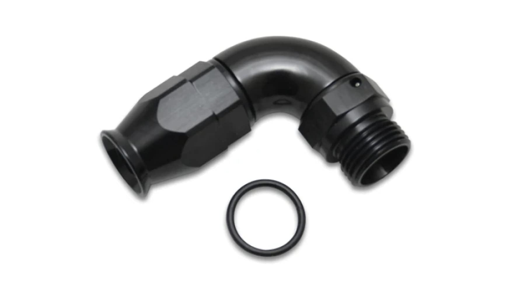 Vibrant Power 29908 Full Flow 90 Degree Swivel Reusable PTFE Hose End Fitting -10AN ORB Male Thread Black Anodized Aluminum for Vibrant 18000 Series PTFE Lined Flex Hose - Ideal for High-Performance Automotive & Racing Applications