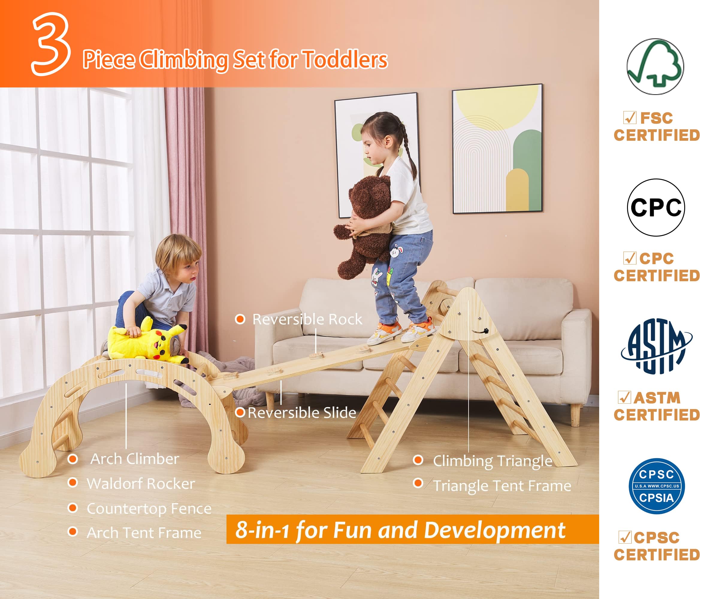 **8-in-1 Foldable Pikler Triangle Set – Montessori Climbing Gym for Toddlers 1-7 Years | Indoor & Outdoor Play Equipment with Arch & Rocker | Heavy-Duty 33LB Jungle Gym for Home, Daycare, or Backyard Play**