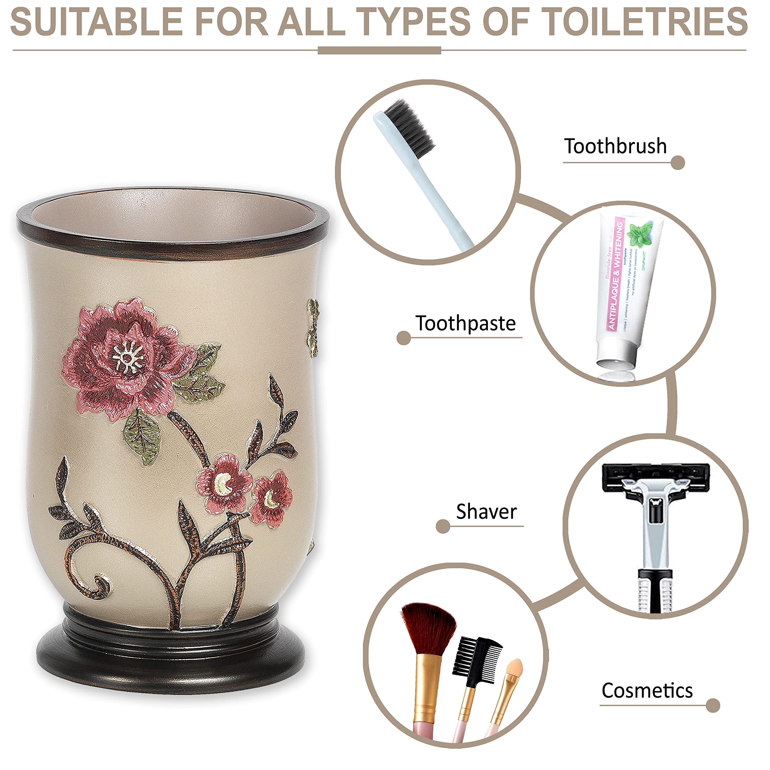 Larrisa Collection Rose Design Brown Bath Tumbler - Elegant & Popular Bathroom Accessory for Spa, Home Decor, and Gift Giving