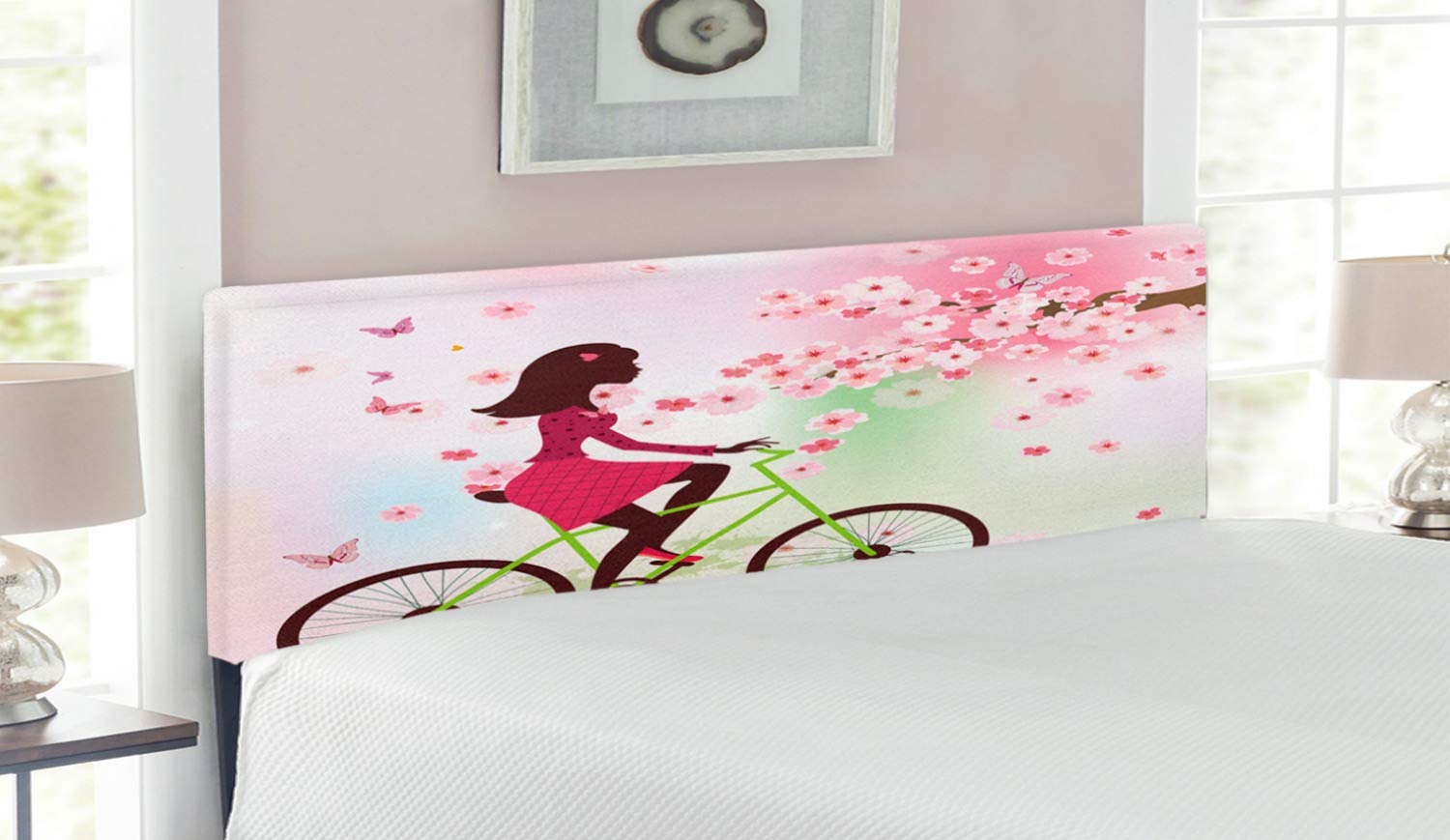 Ambesonne Feminine Headboard - Floral Spring Design with Girl on Bike Under Cherry Blossoms, Upholstered Metal Bed Frame with Memory Foam (Queen Size, Green & Pink) | Perfect for Bedroom Decor, Girls' Room, and Spring-Themed Home Styling