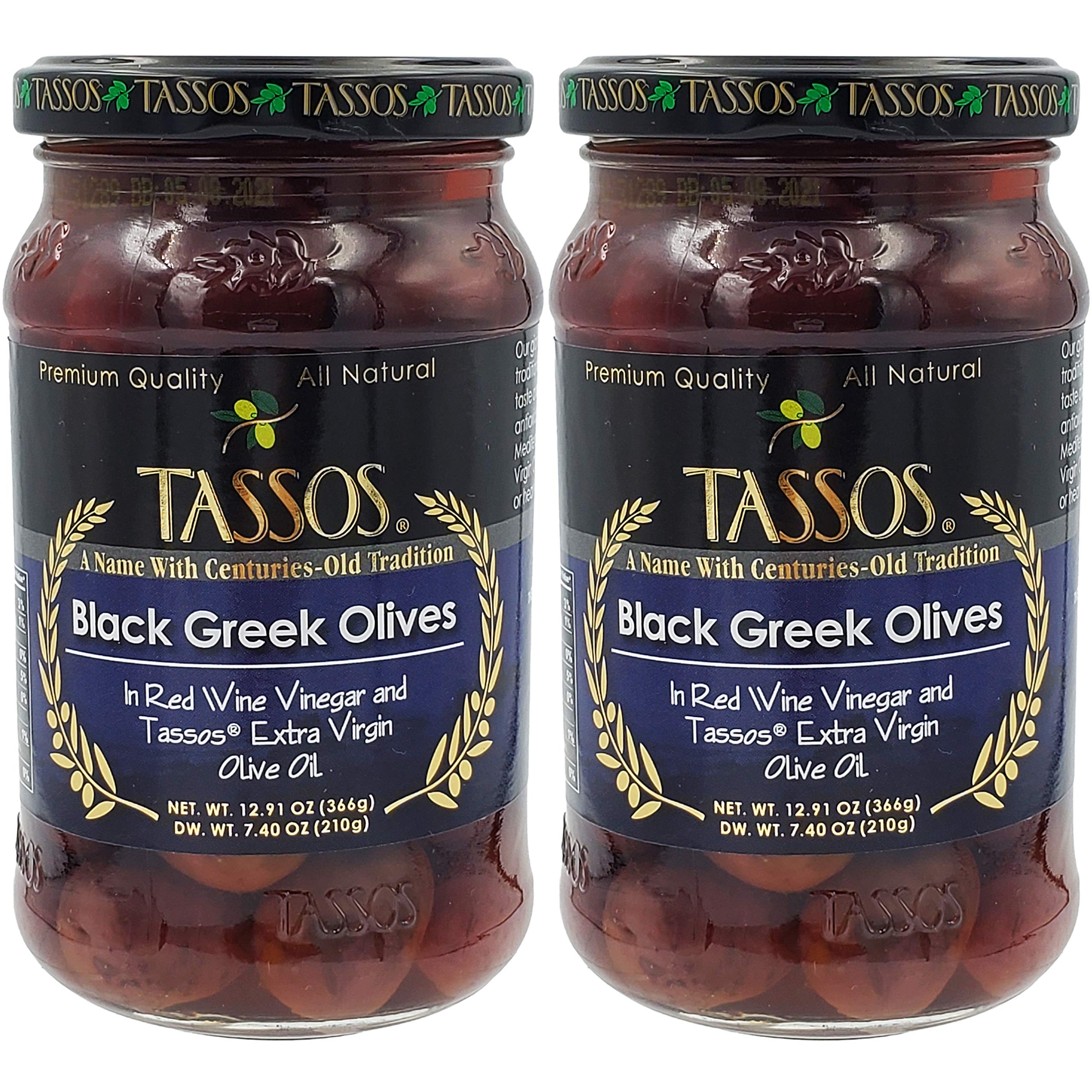 Premium Tassos Natural Black Greek Olives in Red Wine Vinegar & Extra Virgin Olive Oil - 12.91oz (2-Pack) | Authentic Mediterranean Snack, Salad Topping & Charcuterie Board Essential