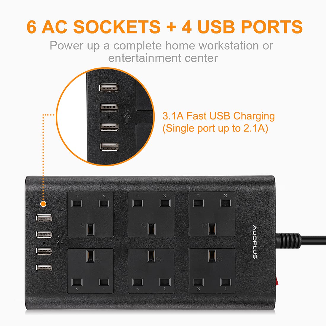 AUOPLUS 6 Outlet Surge Protector Power Strip with 4 USB Ports (2.4A Each) - 6ft Extension Cord - Multi Plug Charger for Phone, Tablet, Laptop - Home & Office Use - Black | Perfect for Workstations, Bedrooms & Entertainment Centers