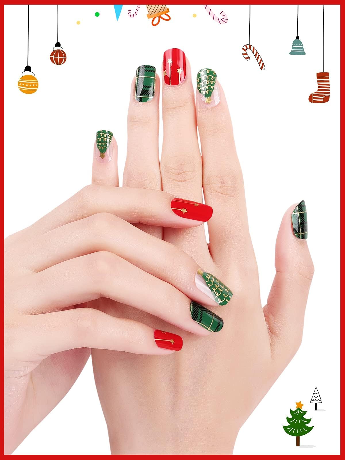 TOROKOM Christmas Gel Nail Polish Strips - 20PCS Holiday Nail Art Stickers with Xmas Tree Designs, Nail File & Stick for Women & Girls | Perfect for Christmas Parties, Gift Giving & Festive Nail Decorations