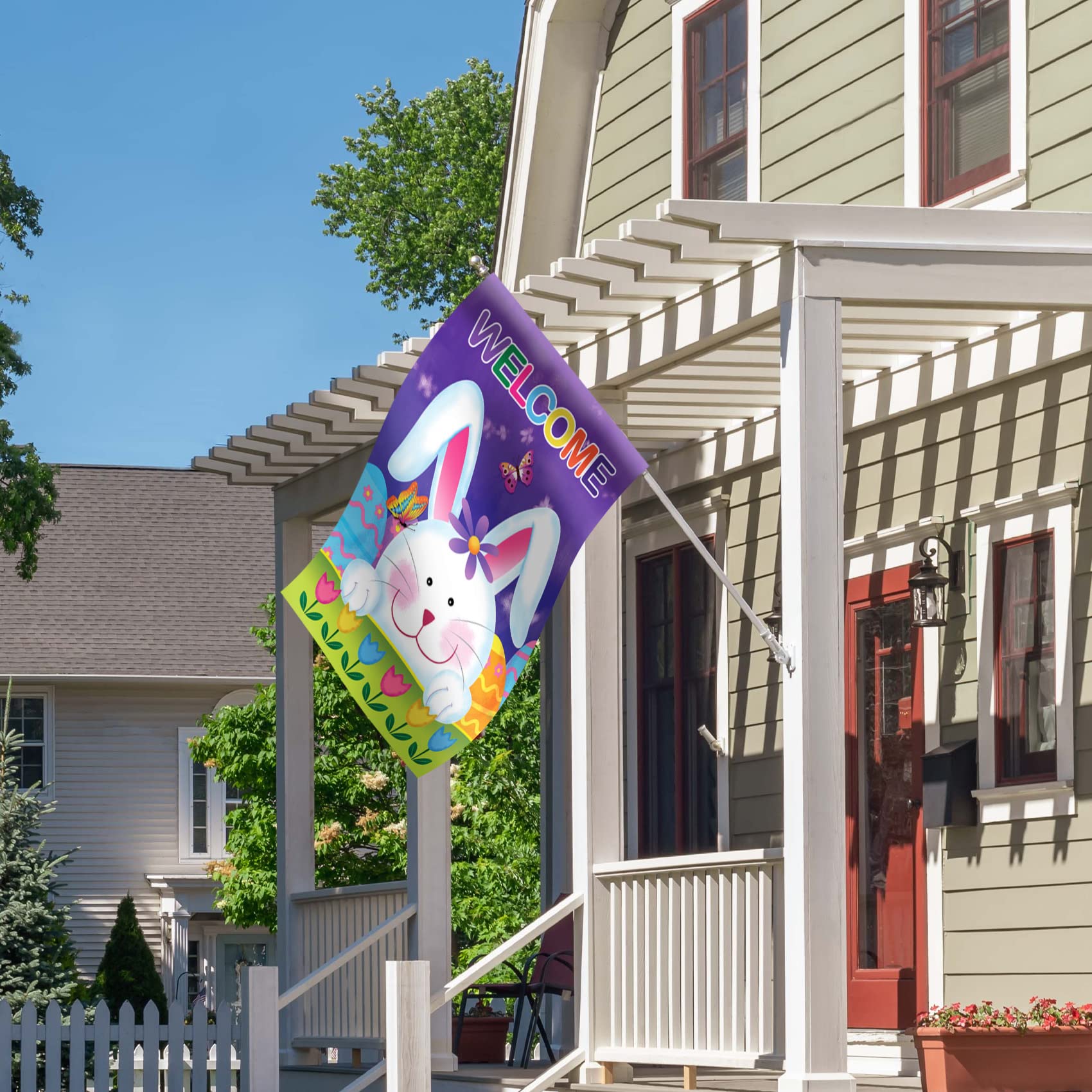 Morigins Welcome Bunny Eggs 28x40 Inch Easter Spring House Flag - Cute Rabbit & Tulip Design for Outdoor Garden Decor | Perfect for Easter Decorations, Front Yard Display, and Seasonal Holiday Celebrations