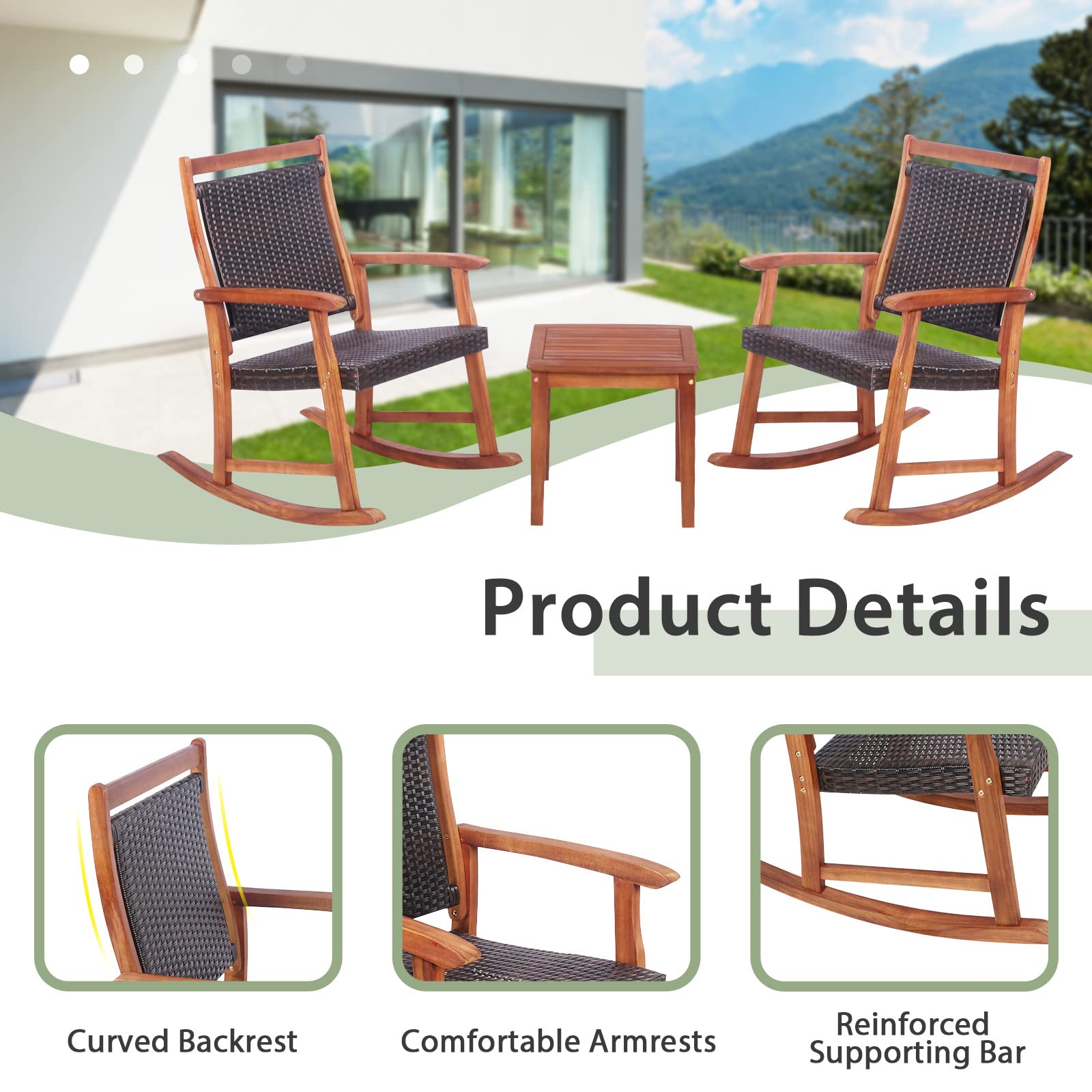 HAPPYGRILL 3-Piece Acacia Wood Rocking Bistro Set with Rattan Wicker Coffee Table - Patio Rocking Chairs & Conversation Set for Garden, Porch, Backyard - Perfect for Outdoor Relaxation & Entertaining