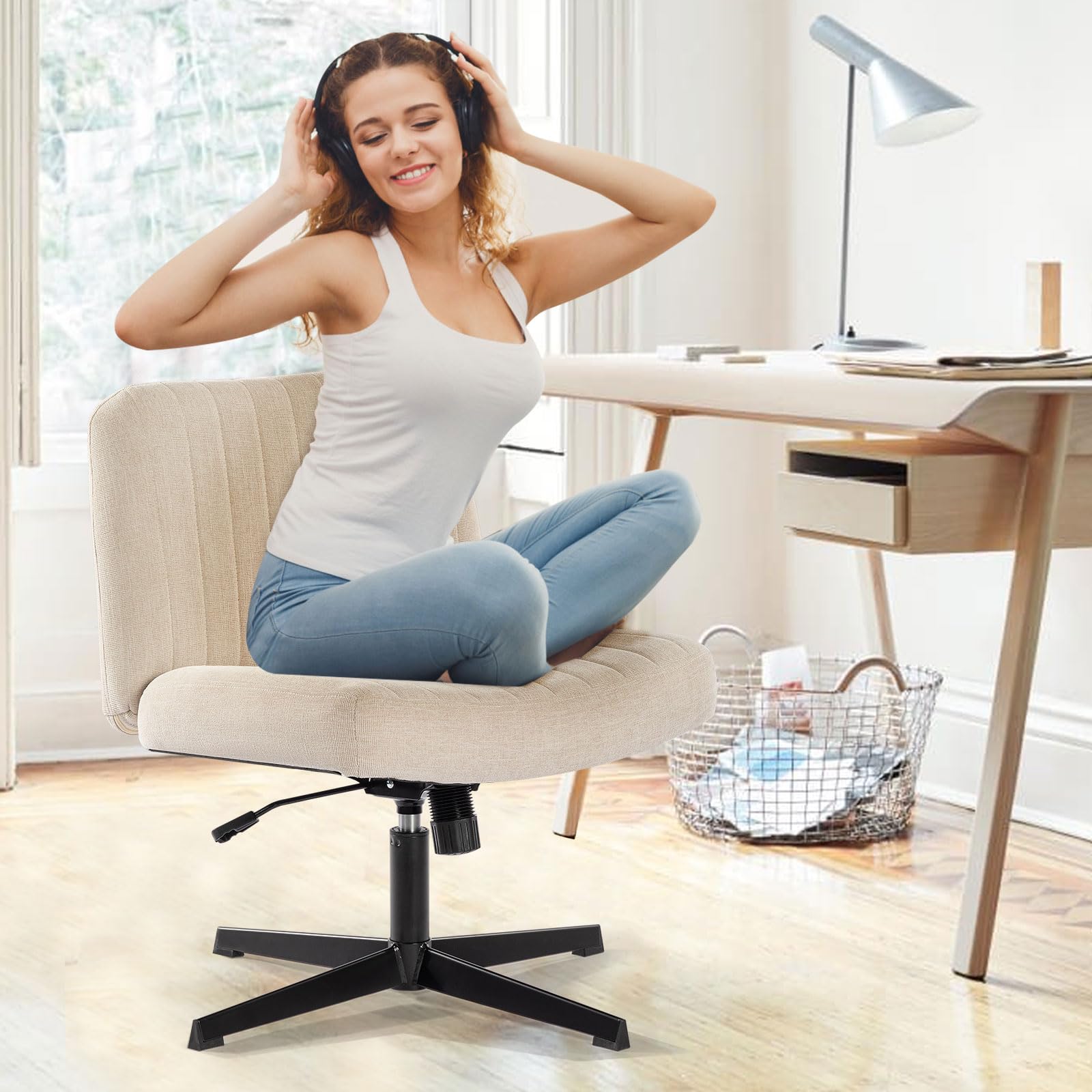Criss Cross Chair No Wheels - Vanity Chair Without Back, Armless Makeup Stool, Wide Adjustable Height Desk Chair for Cross Legged Sitting - Beige Seat for Home Office, Beauty Salon & Dressing Room