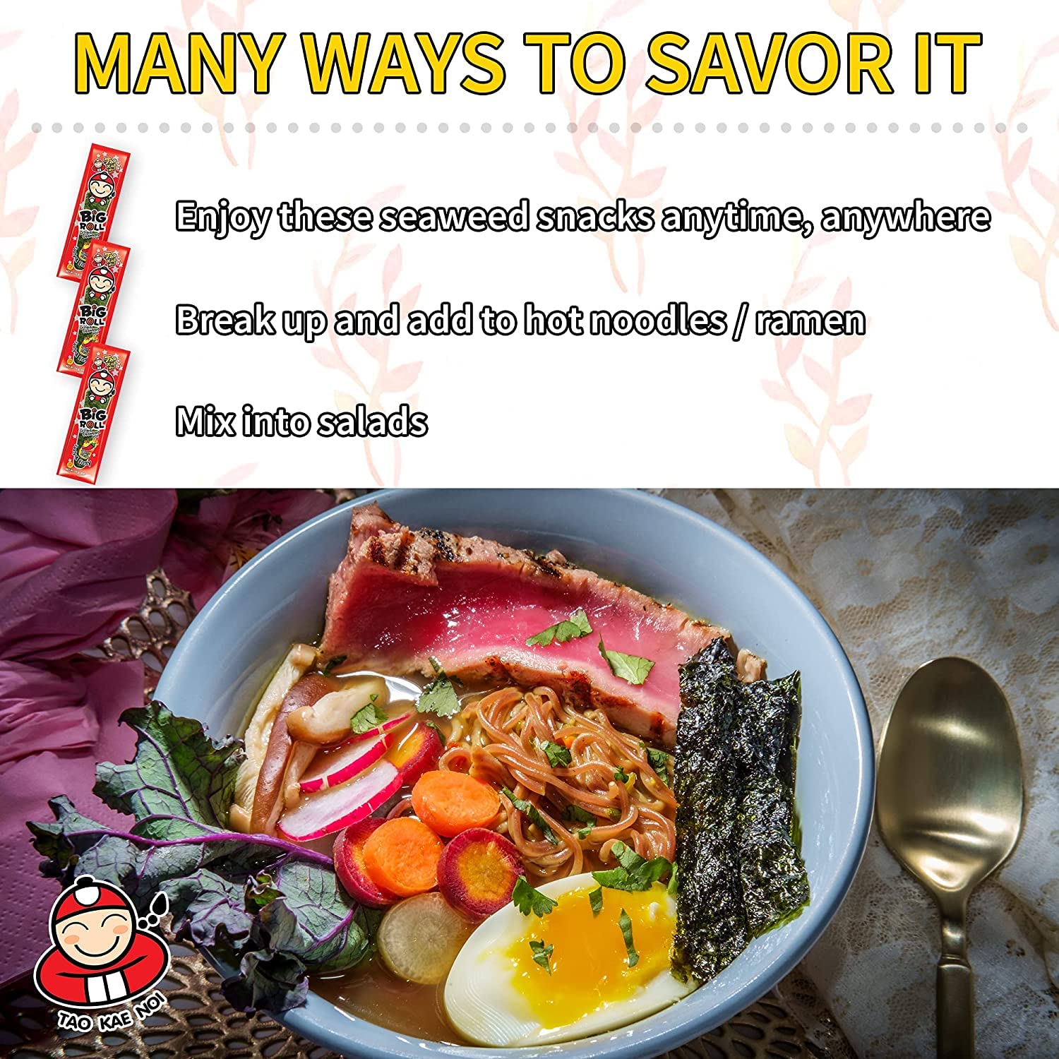 Tao Kae Noi Big Roll Grilled Seaweed Snacks - Spicy Flavor, Healthy Nori Sheet Rolls for Kids & Adults, 6 Pack (3g Bags) | Perfect for Lunchboxes, Office Snacks & Keto Diet