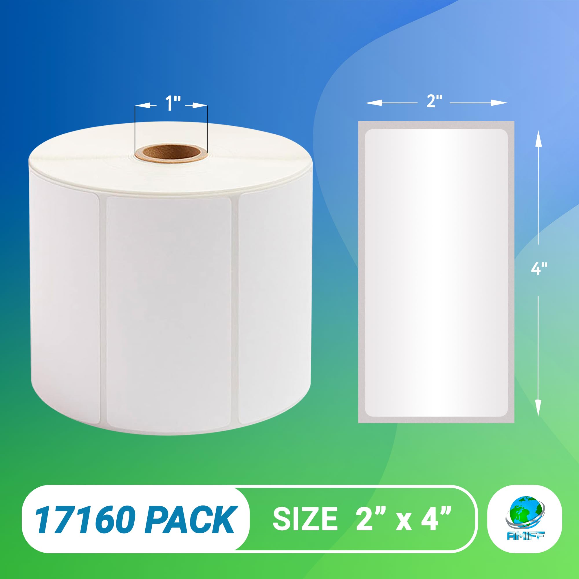 AMZ White Direct Thermal Label Paper, 4 x 2 Inches - 17160 Pack with 1 Inch Core - Self-Seal Thermal Shipping Labels for Barcoding & Shipping - Compatible with Thermal Printers - Perfect for E-commerce, Logistics & Warehouse Labeling