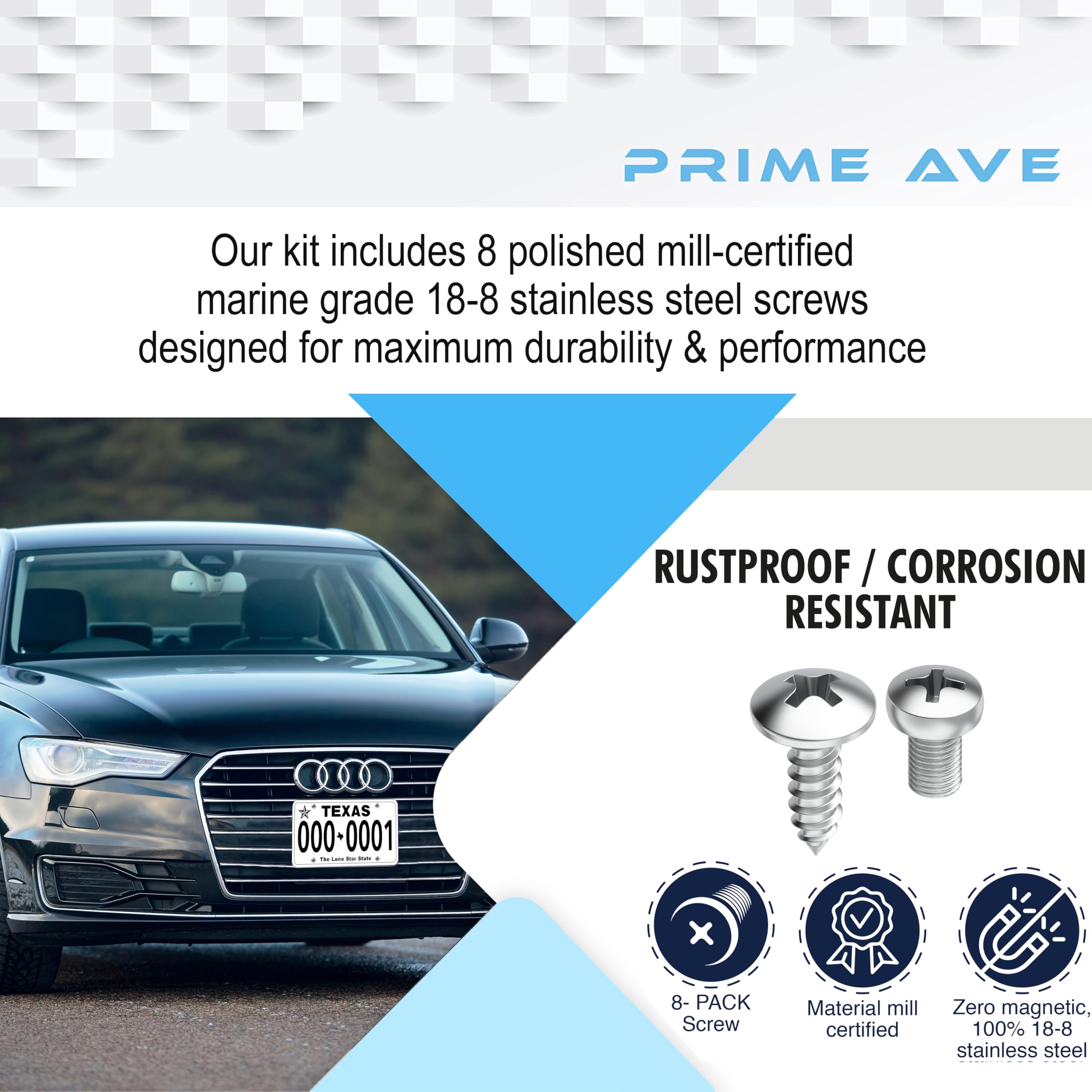 Premium Stainless Steel License Plate Screws - Rust Proof & Durable Fastener Kit for Car License Plates, Frames, Covers (8 Pack) - Fits Audi & Most Vehicles - Perfect for Front/Rear Plate Installation & Secure Mounting